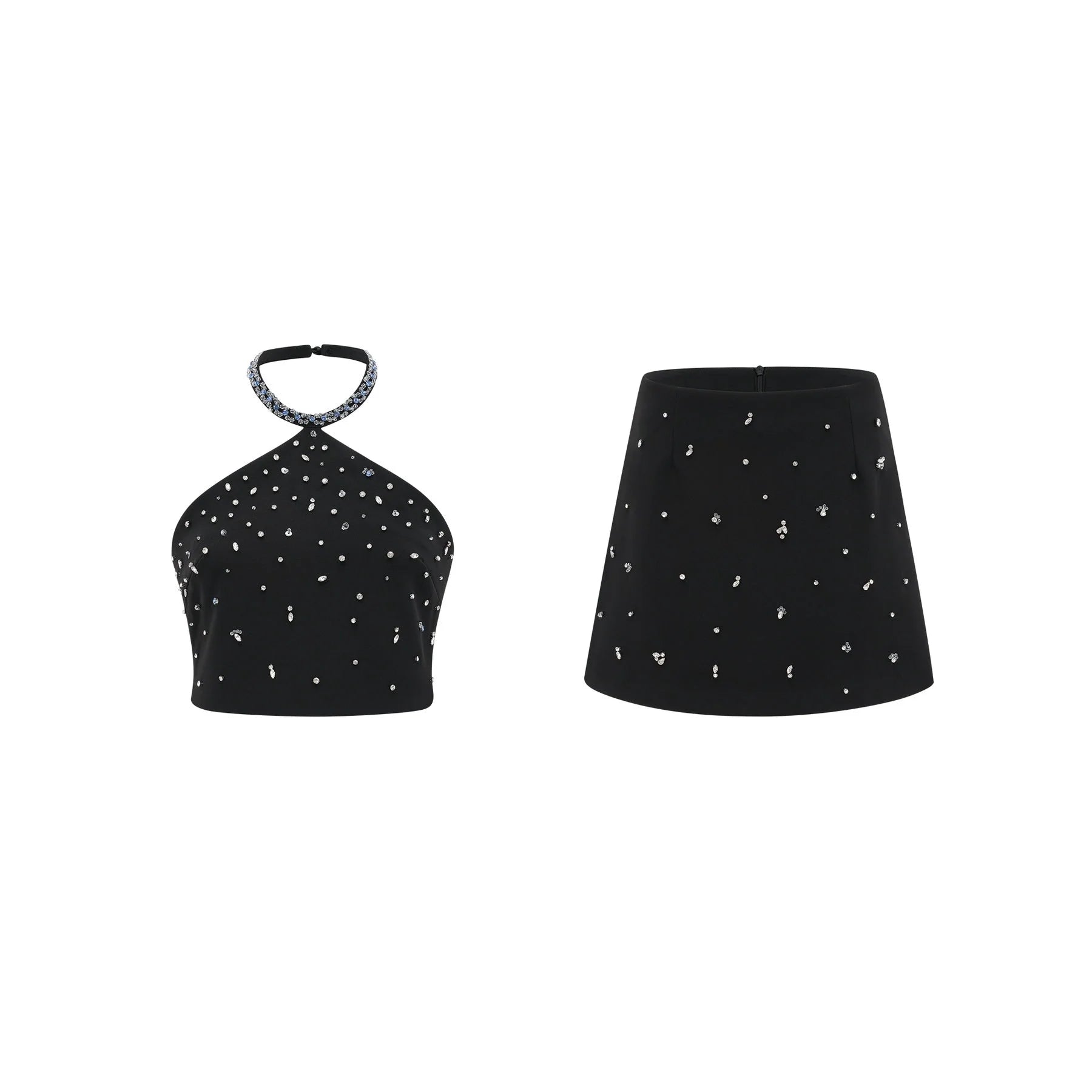 Clarissa Skirt & Top Set - Halterneck Top - Crystal Embellishment - Rear Zip Fastening - Cropped Design