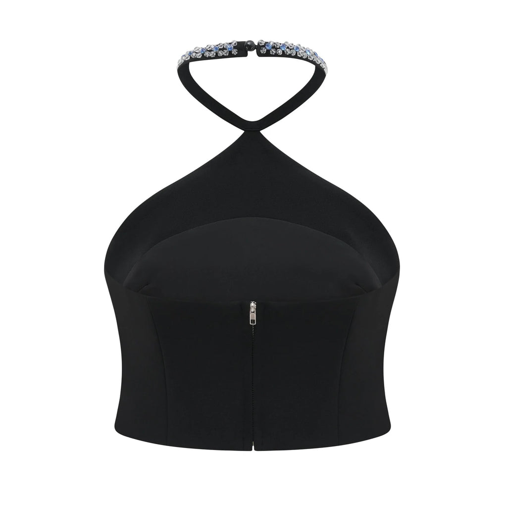 Clarissa Skirt & Top Set - Halterneck Top - Crystal Embellishment - Rear Zip Fastening - Cropped Design