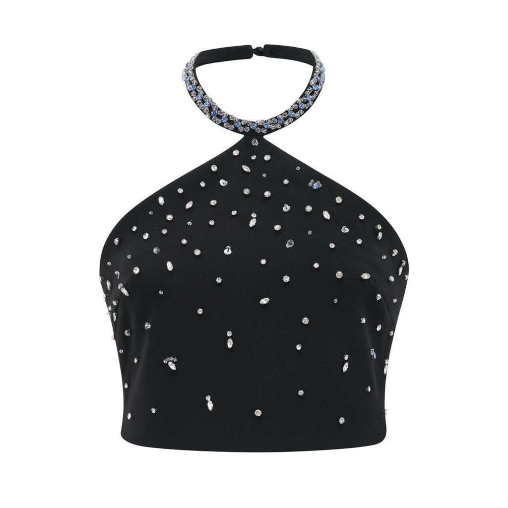 Clarissa Skirt & Top Set - Halterneck Top - Crystal Embellishment - Rear Zip Fastening - Cropped Design