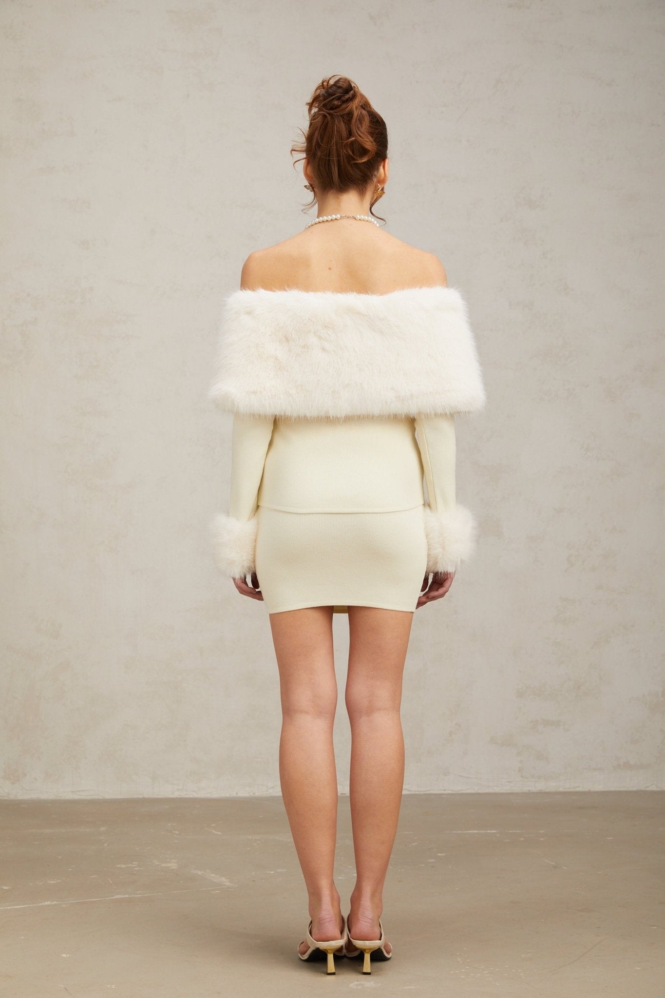 Clarissa Skirt & Top Set - Off - the - Shoulder Long Sleeve Top - Faux - fur Paneling - Bow Embellishment - High Rise Skirt