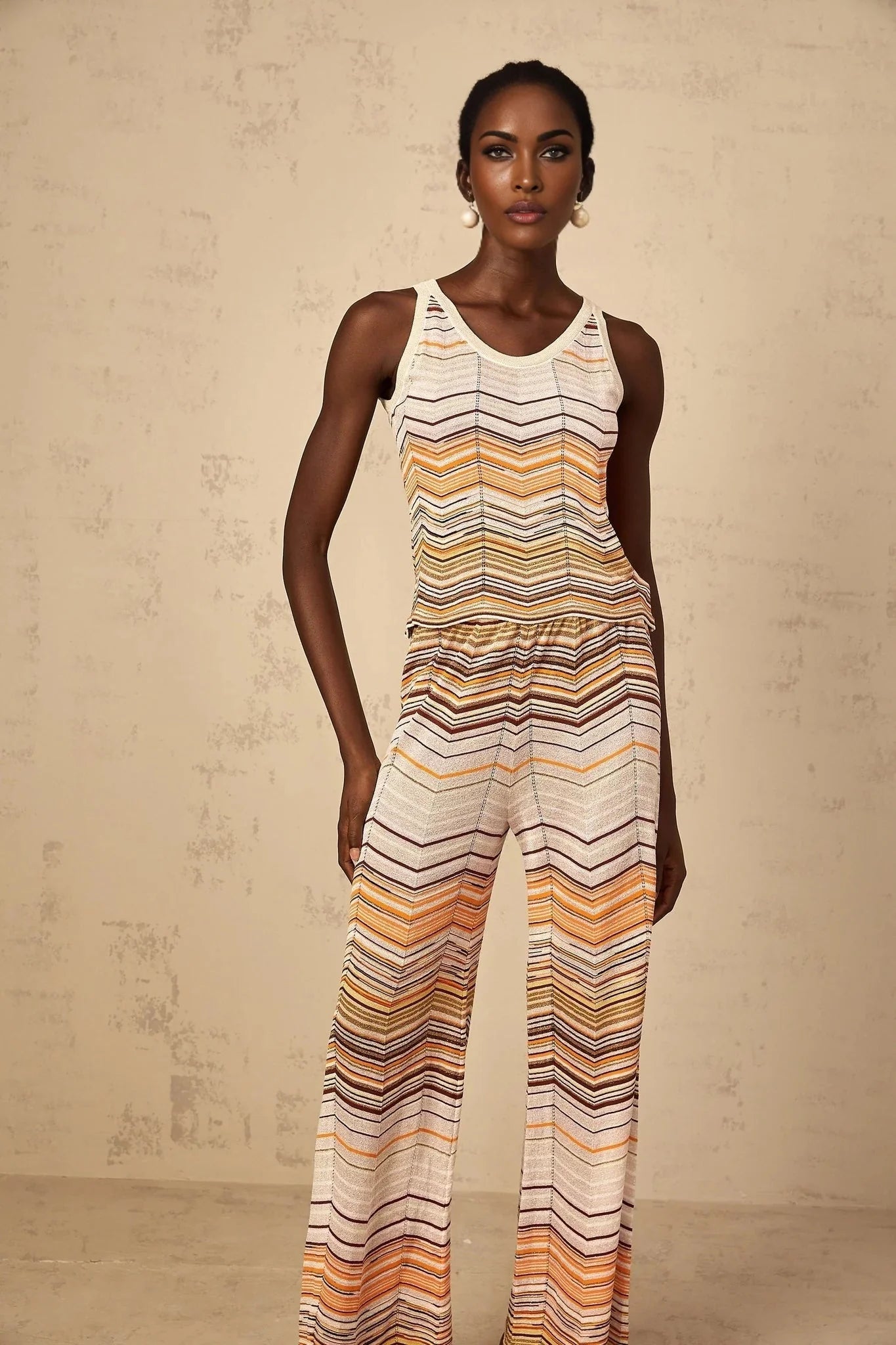 Clarissa Top & Trousers Set with Chevron Pattern in Neutrals