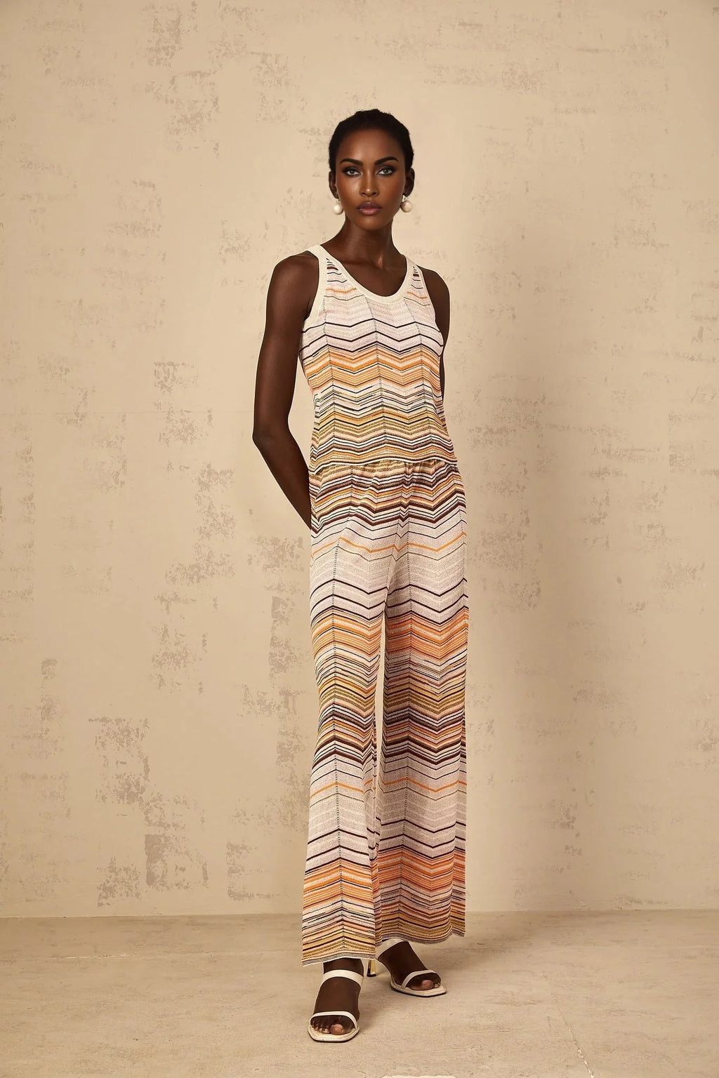 Clarissa Top & Trousers Set with Chevron Pattern in Neutrals