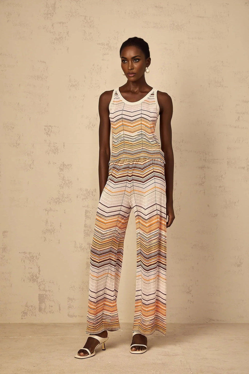 Clarissa Top & Trousers Set with Chevron Pattern in Neutrals