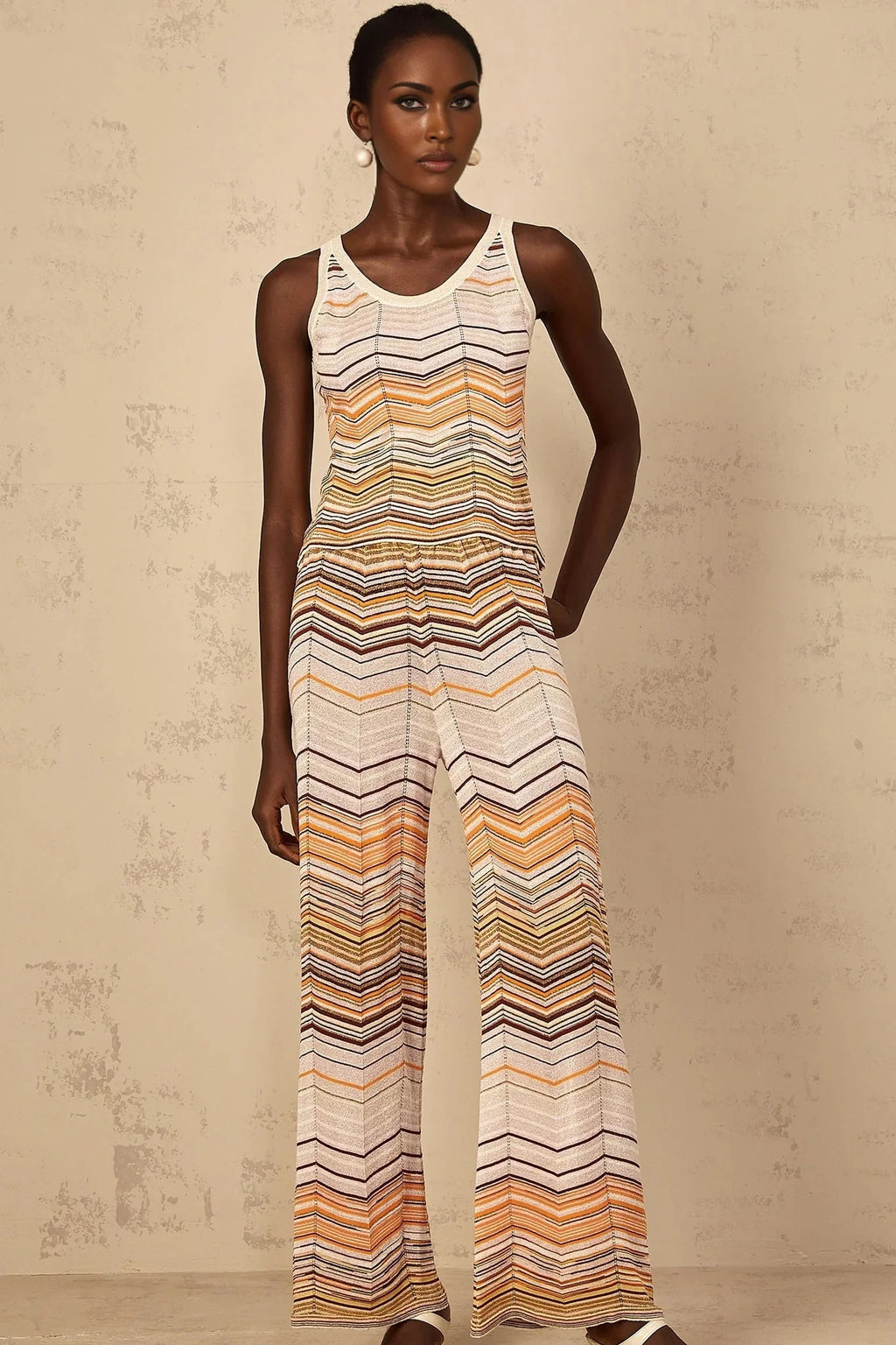 Clarissa Top & Trousers Set with Chevron Pattern in Neutrals