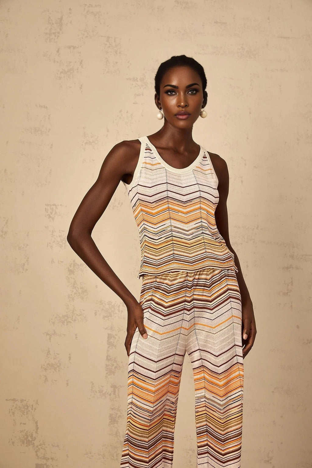 Clarissa Top & Trousers Set with Chevron Pattern in Neutrals