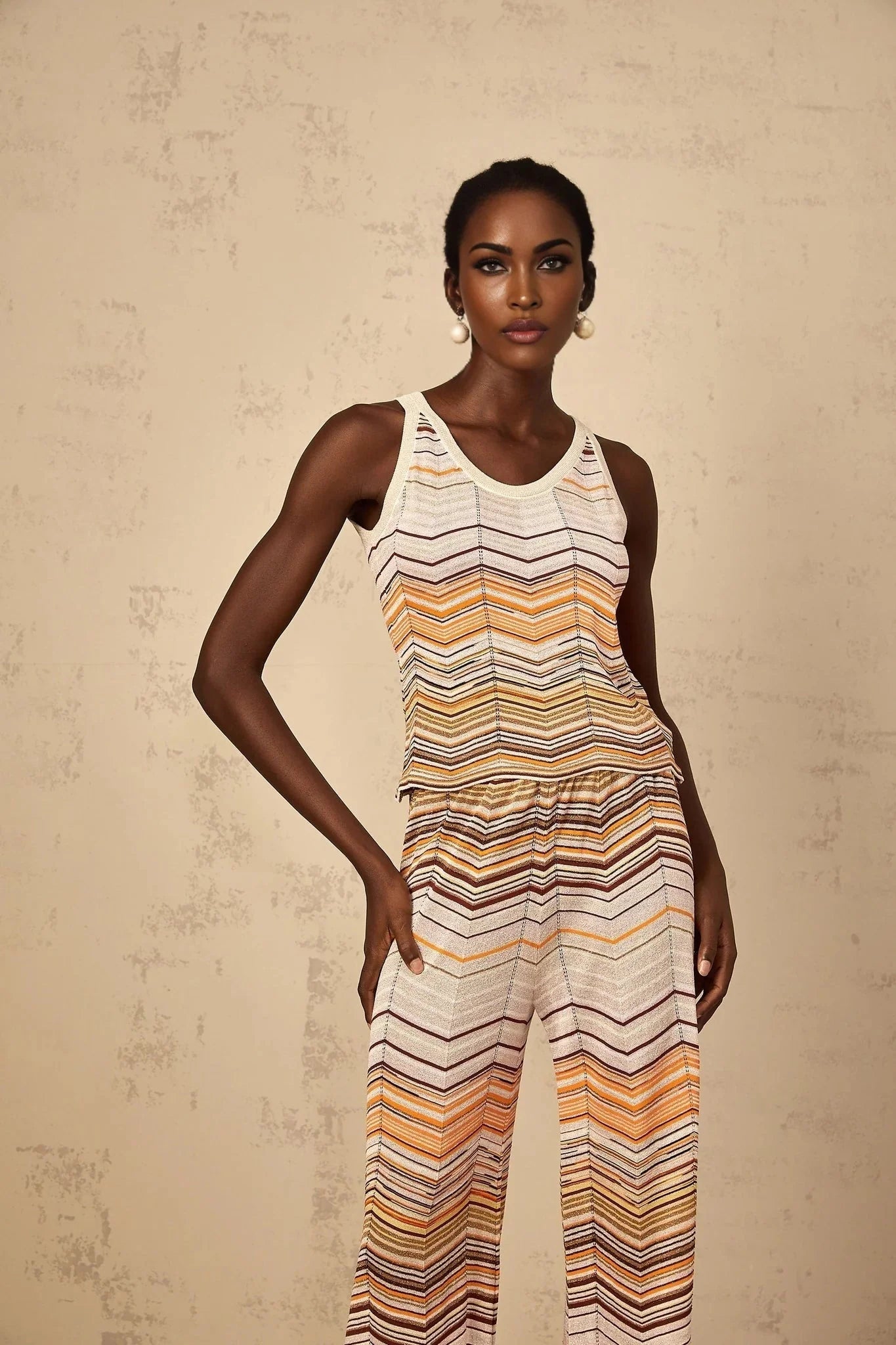 Clarissa Top & Trousers Set with Chevron Pattern in Neutrals