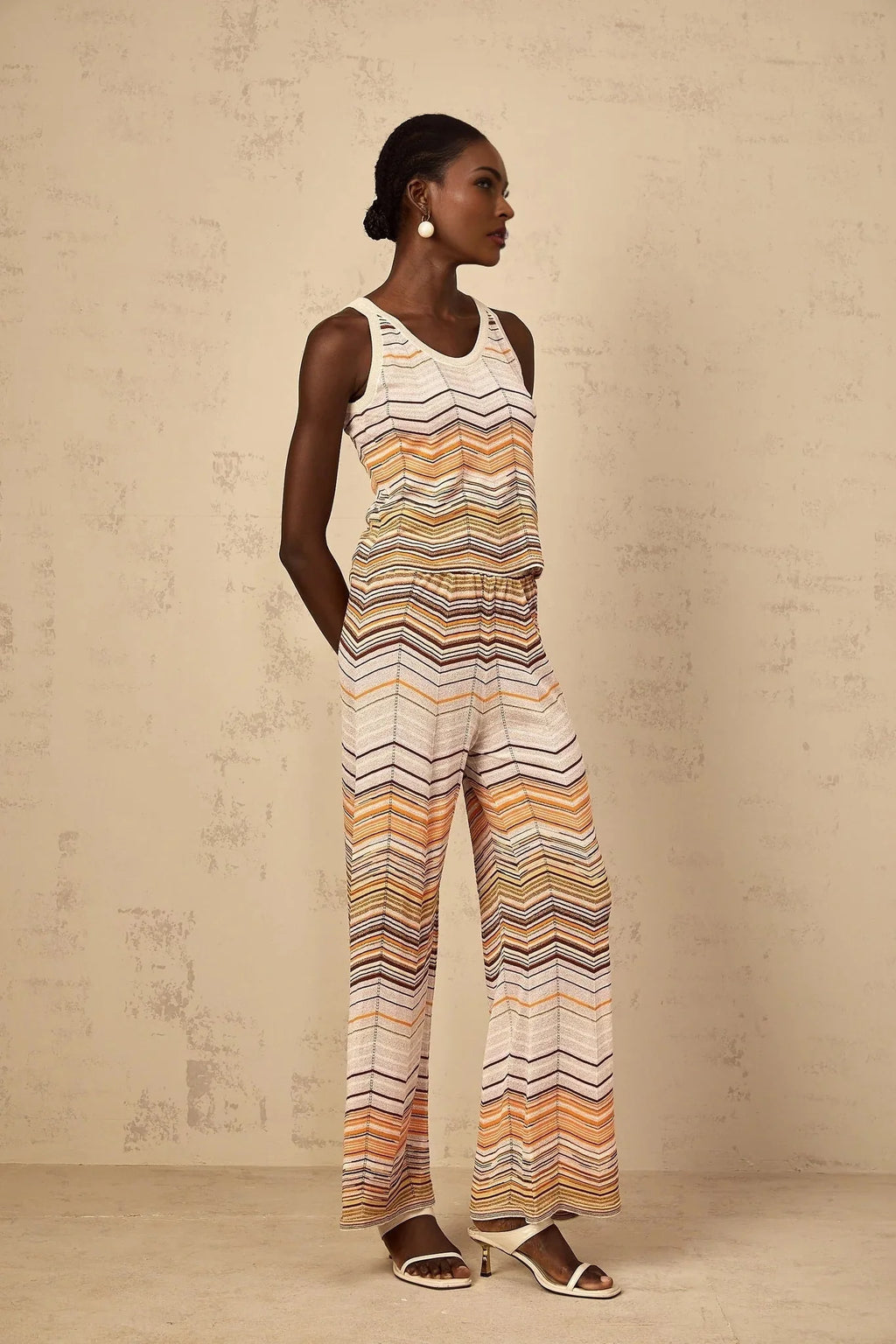 Clarissa Top & Trousers Set with Chevron Pattern in Neutrals
