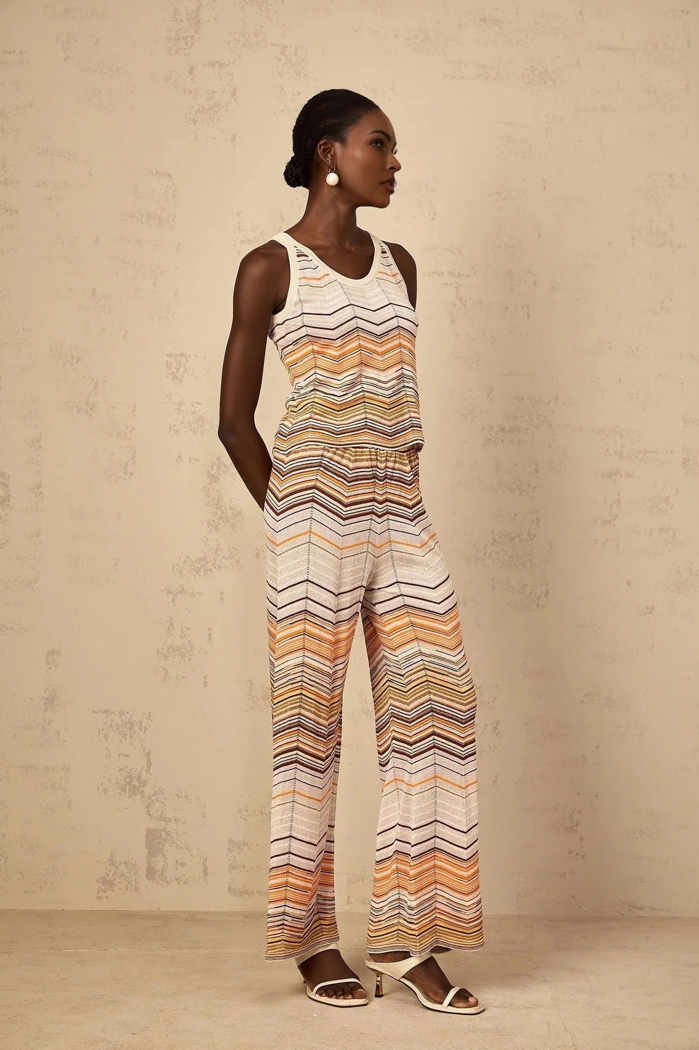 Clarissa Top & Trousers Set with Chevron Pattern in Neutrals