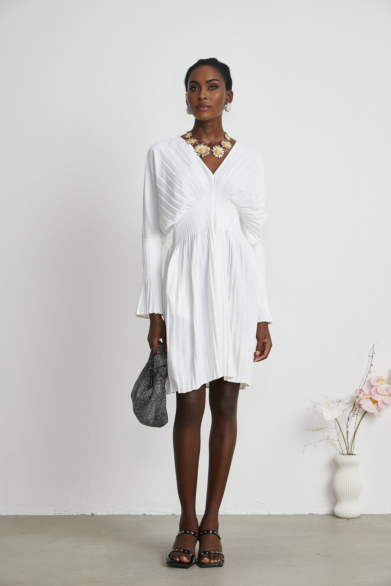 Claudette Pleated Mini Dress - V - Neckline - Flared Sleeves - Laced Waist - Lightweight