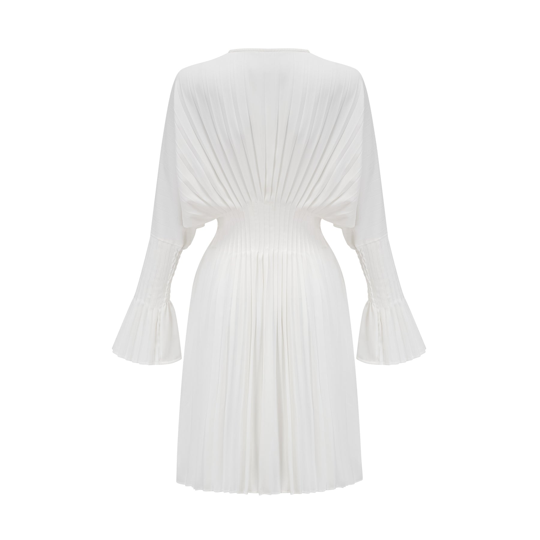 Claudette Pleated Mini Dress - V - Neckline - Flared Sleeves - Laced Waist - Lightweight
