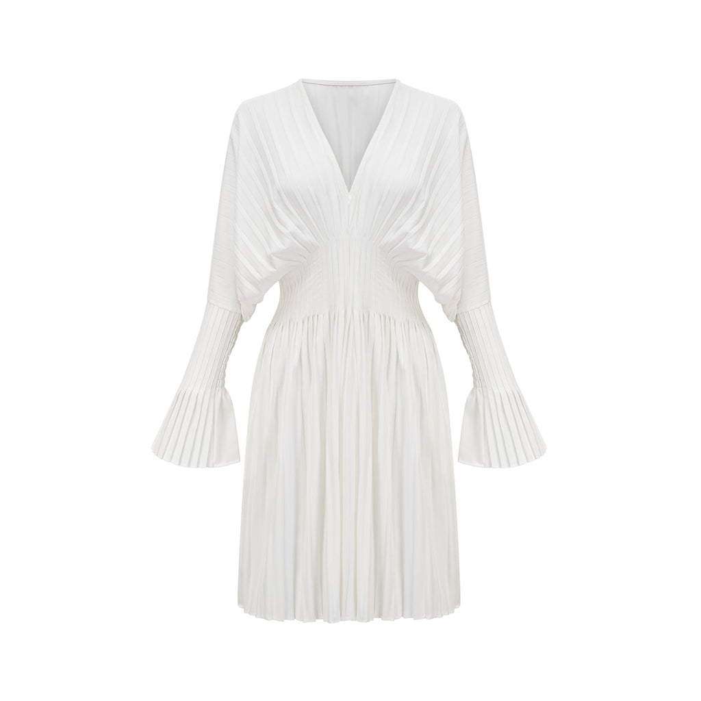 Claudette Pleated Mini Dress - V - Neckline - Flared Sleeves - Laced Waist - Lightweight