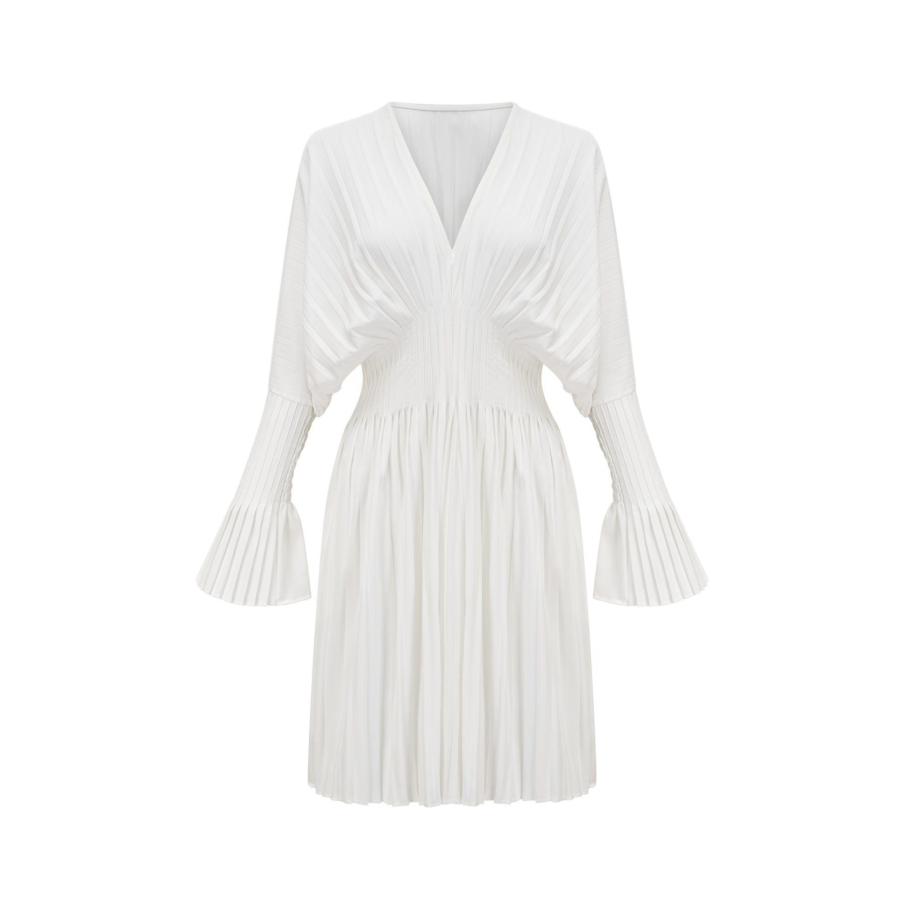 Claudette Pleated Mini Dress - V - Neckline - Flared Sleeves - Laced Waist - Lightweight