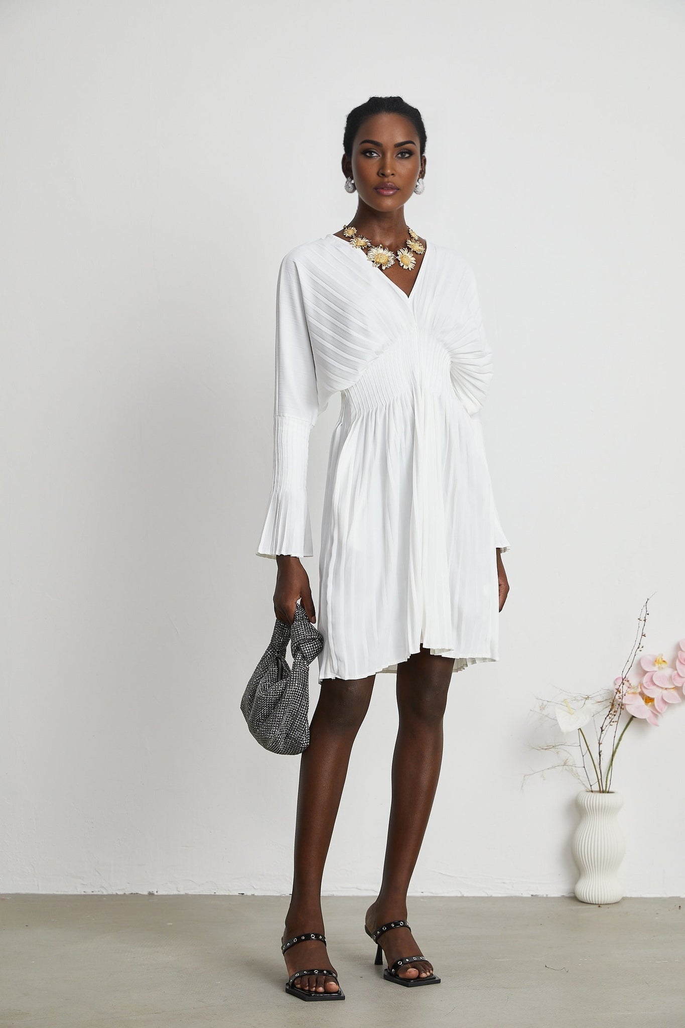 Claudette Pleated Mini Dress - V - Neckline - Flared Sleeves - Laced Waist - Lightweight