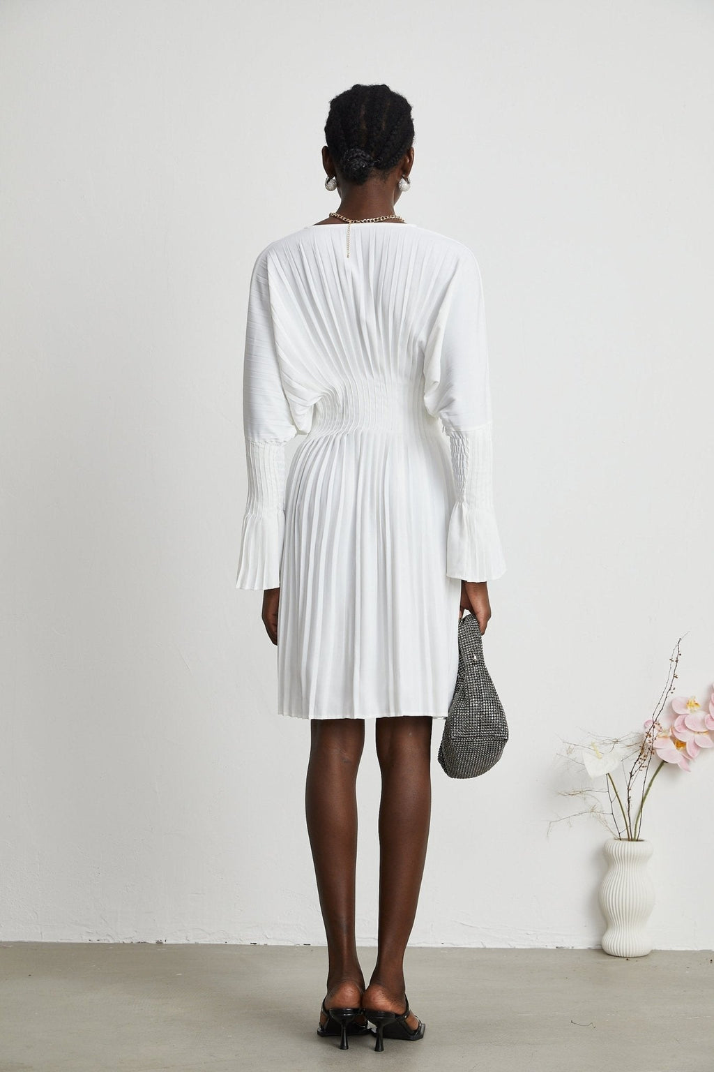 Claudette Pleated Mini Dress - V - Neckline - Flared Sleeves - Laced Waist - Lightweight