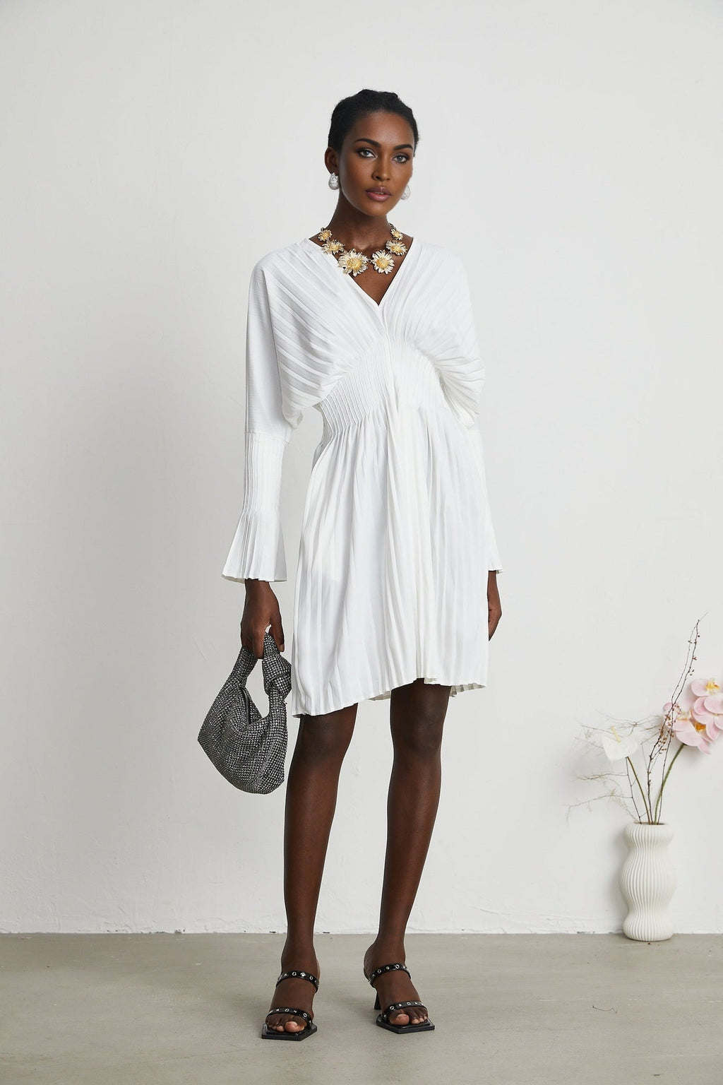 Claudette Pleated Mini Dress - V - Neckline - Flared Sleeves - Laced Waist - Lightweight