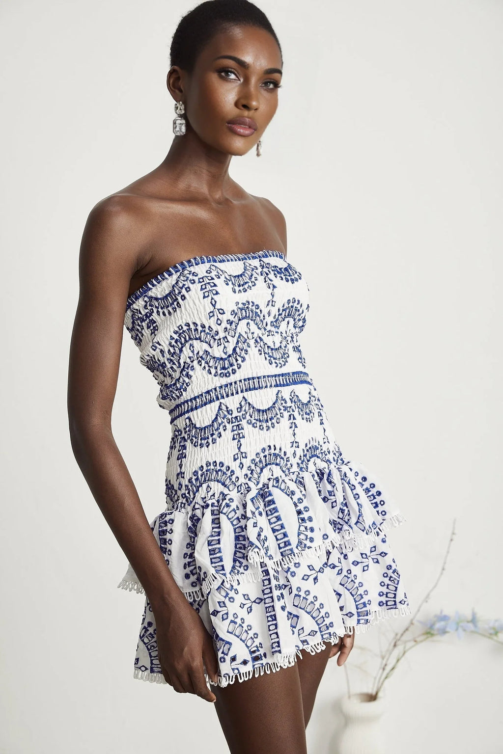 Claudia Mini Dress - Off the Shoulder - Broderie Anglaise - Shirred Panel - Fitted Waistline - Flared - Ruffled Skirt