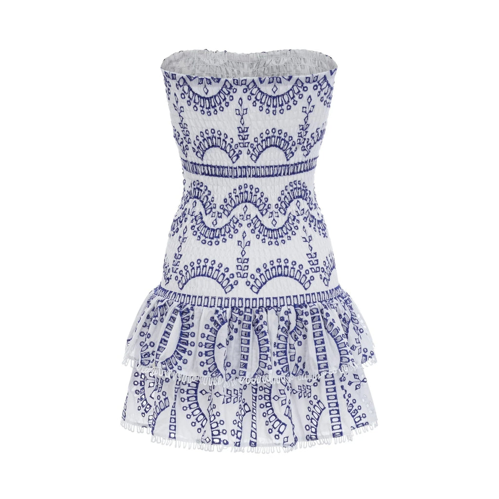 Claudia Mini Dress - Off the Shoulder - Broderie Anglaise - Shirred Panel - Fitted Waistline - Flared - Ruffled Skirt