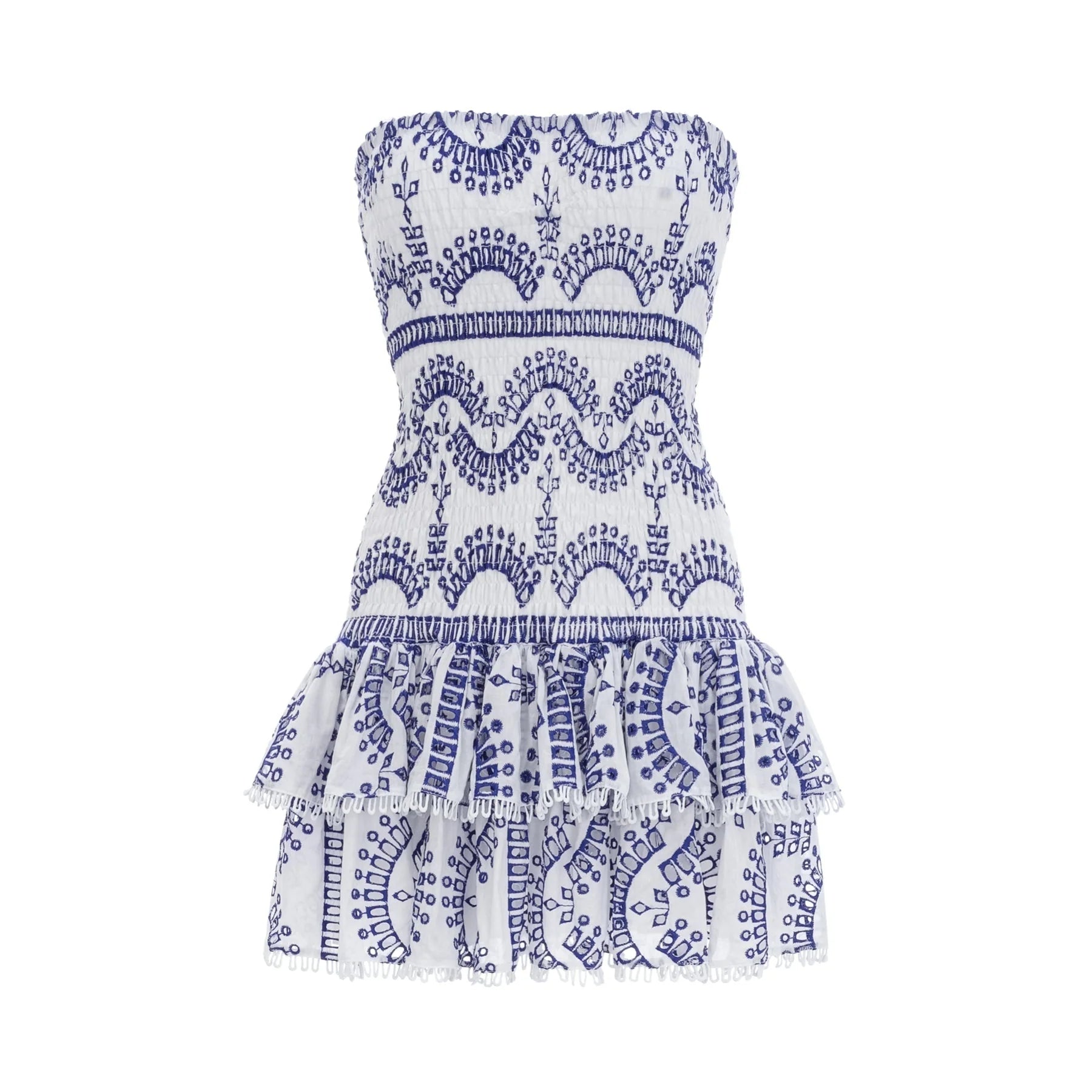 Claudia Mini Dress - Off the Shoulder - Broderie Anglaise - Shirred Panel - Fitted Waistline - Flared - Ruffled Skirt