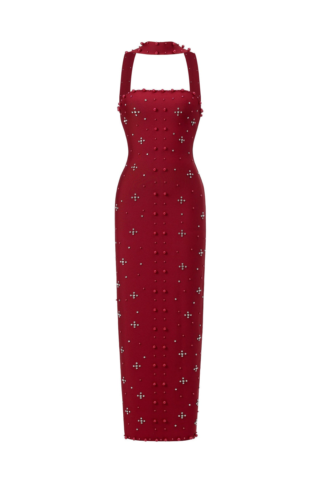 Claudia Red Elegant Dress with Pearls and Strapless Design for Special Occasions