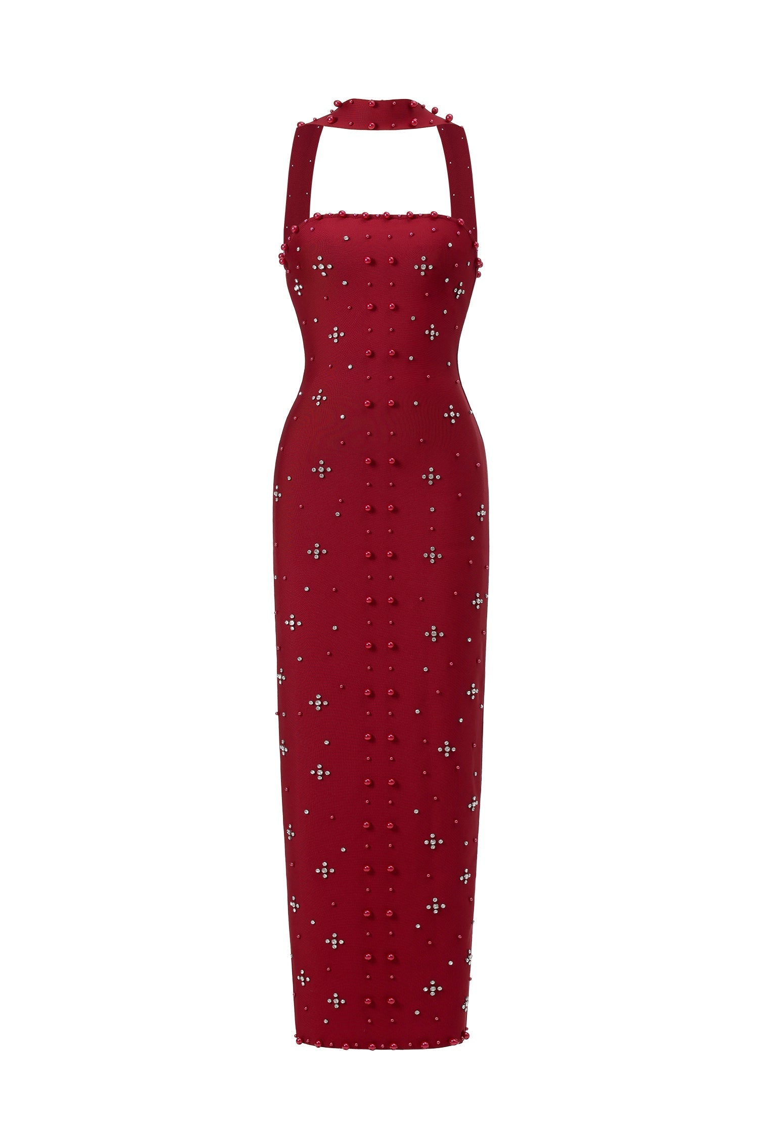 Claudia Red Elegant Dress with Pearls and Strapless Design for Special Occasions