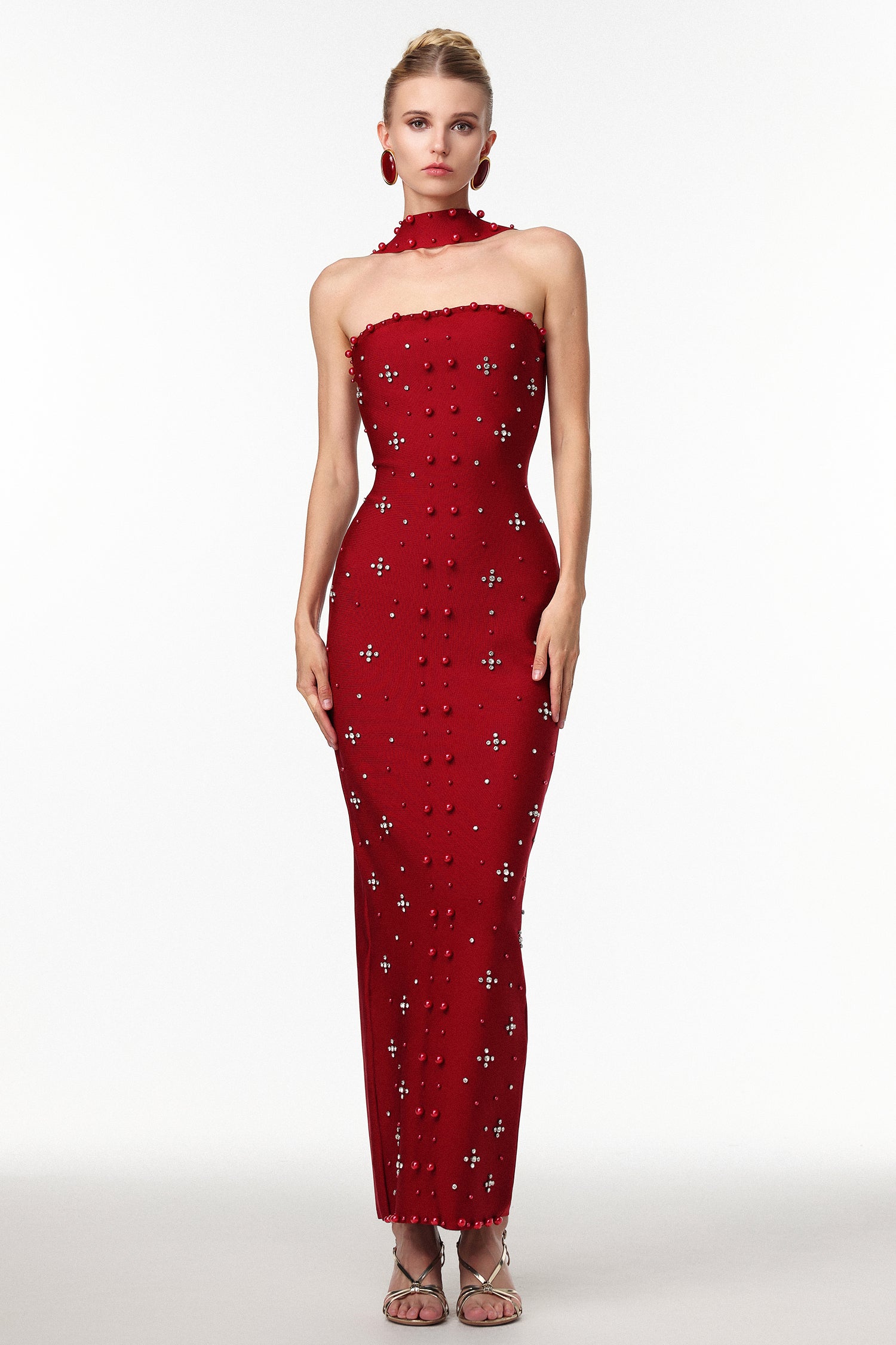 Claudia Red Strapless Dress with Pearls and Luxurious Fabric for Special Occasions
