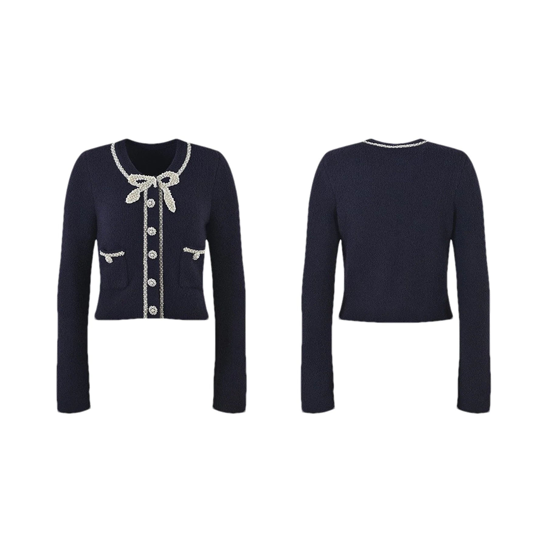 Clementina Jacket & Skirt Set - Long Sleeve - Faux - Pearl Detail - Stretch Jersey - Front Button - Midi Length