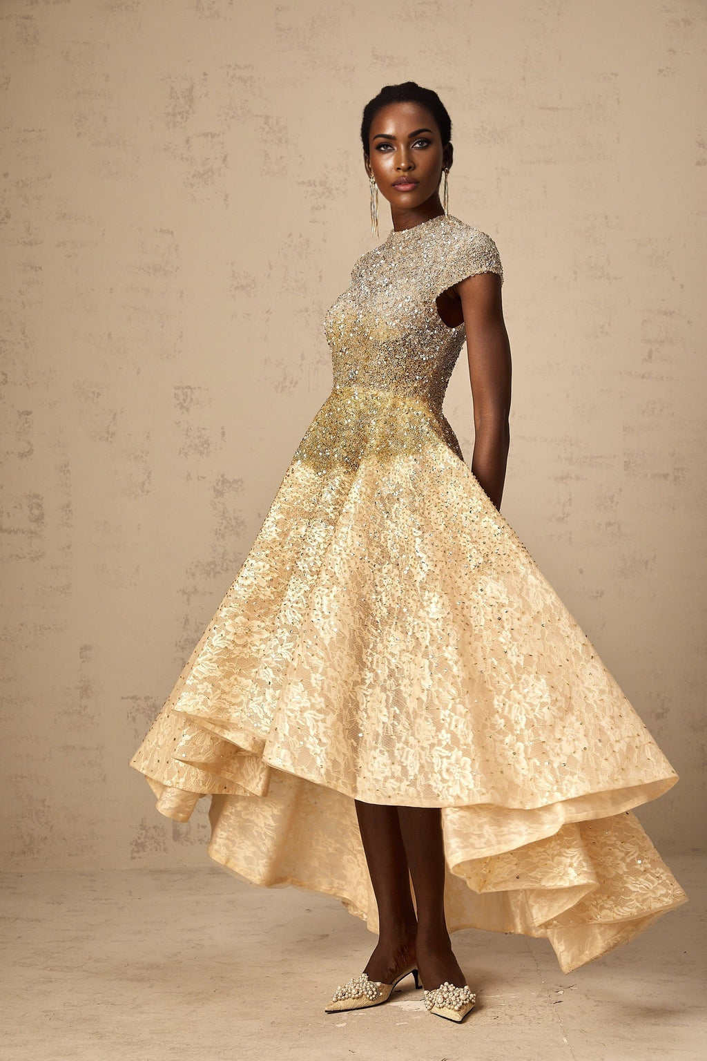 Clementina Lace Overlay Dress – High - Low Hem – Bead & Sequin Embellishment – Cap Sleeves – Flared Skirt