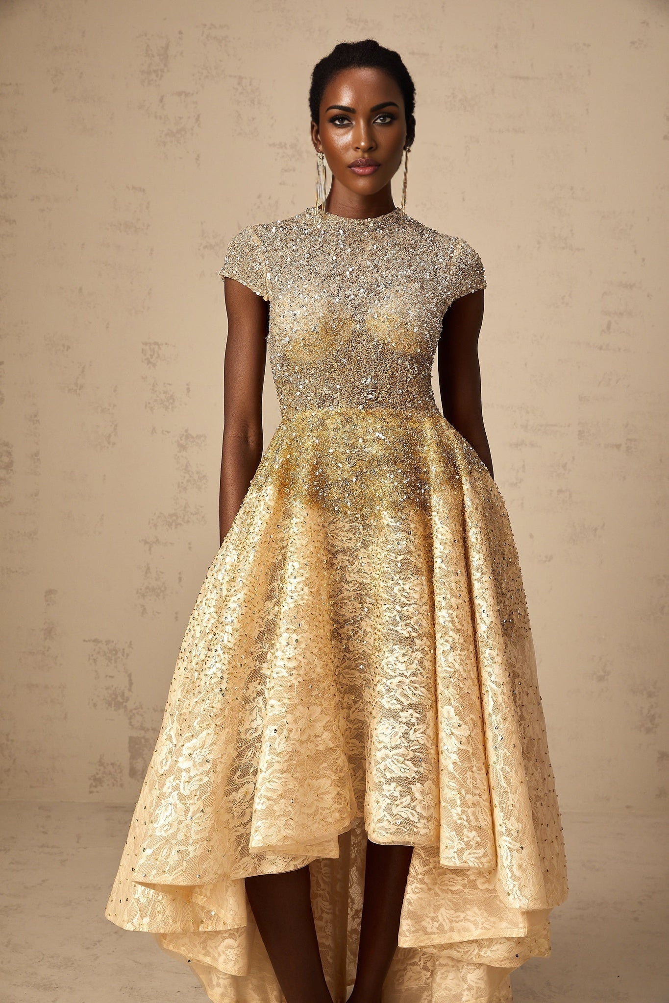 Clementina Lace Overlay Dress – High - Low Hem – Bead & Sequin Embellishment – Cap Sleeves – Flared Skirt