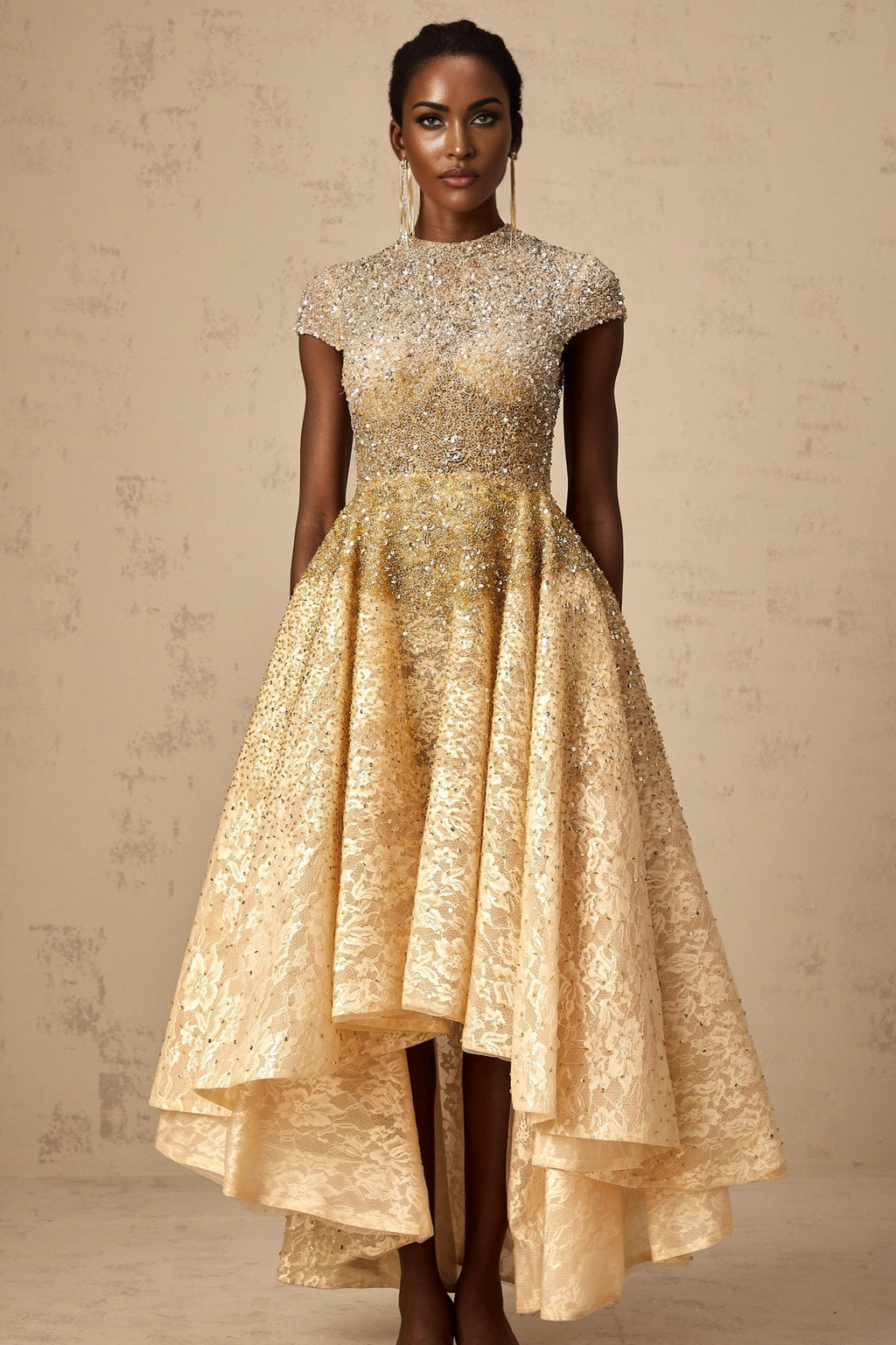 Clementina Lace Overlay Dress – High - Low Hem – Bead & Sequin Embellishment – Cap Sleeves – Flared Skirt