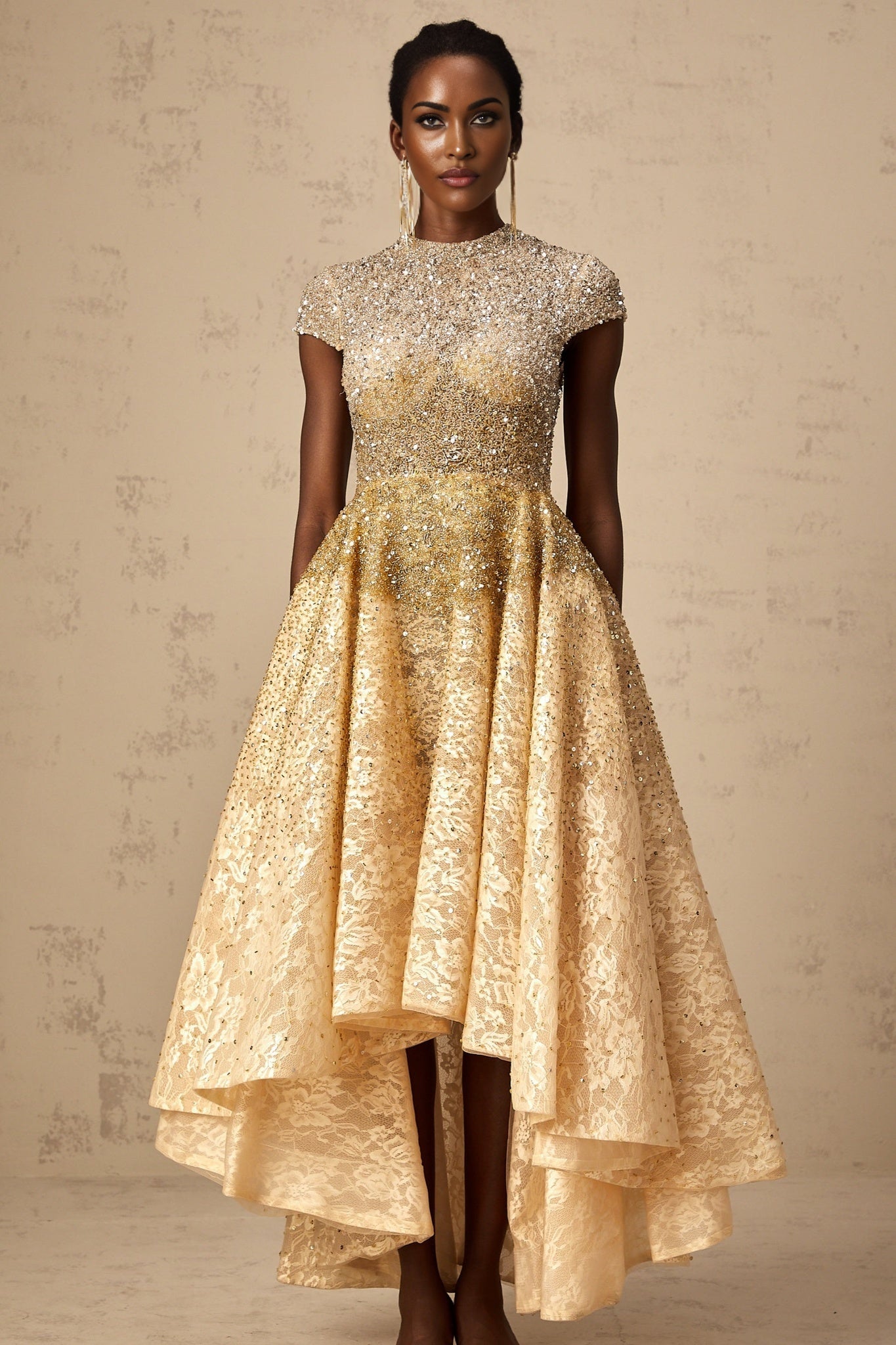 Clementina Lace Overlay Dress – High - Low Hem – Bead & Sequin Embellishment – Cap Sleeves – Flared Skirt