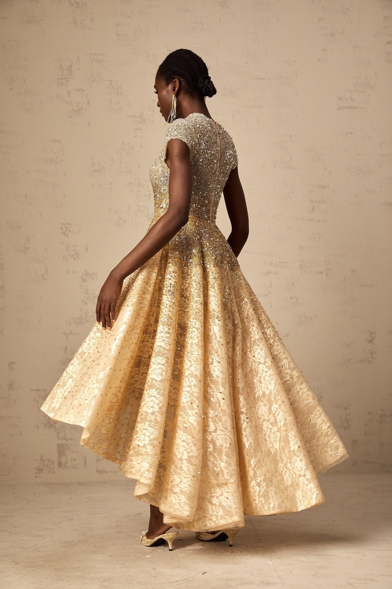 Clementina Lace Overlay Dress – High - Low Hem – Bead & Sequin Embellishment – Cap Sleeves – Flared Skirt