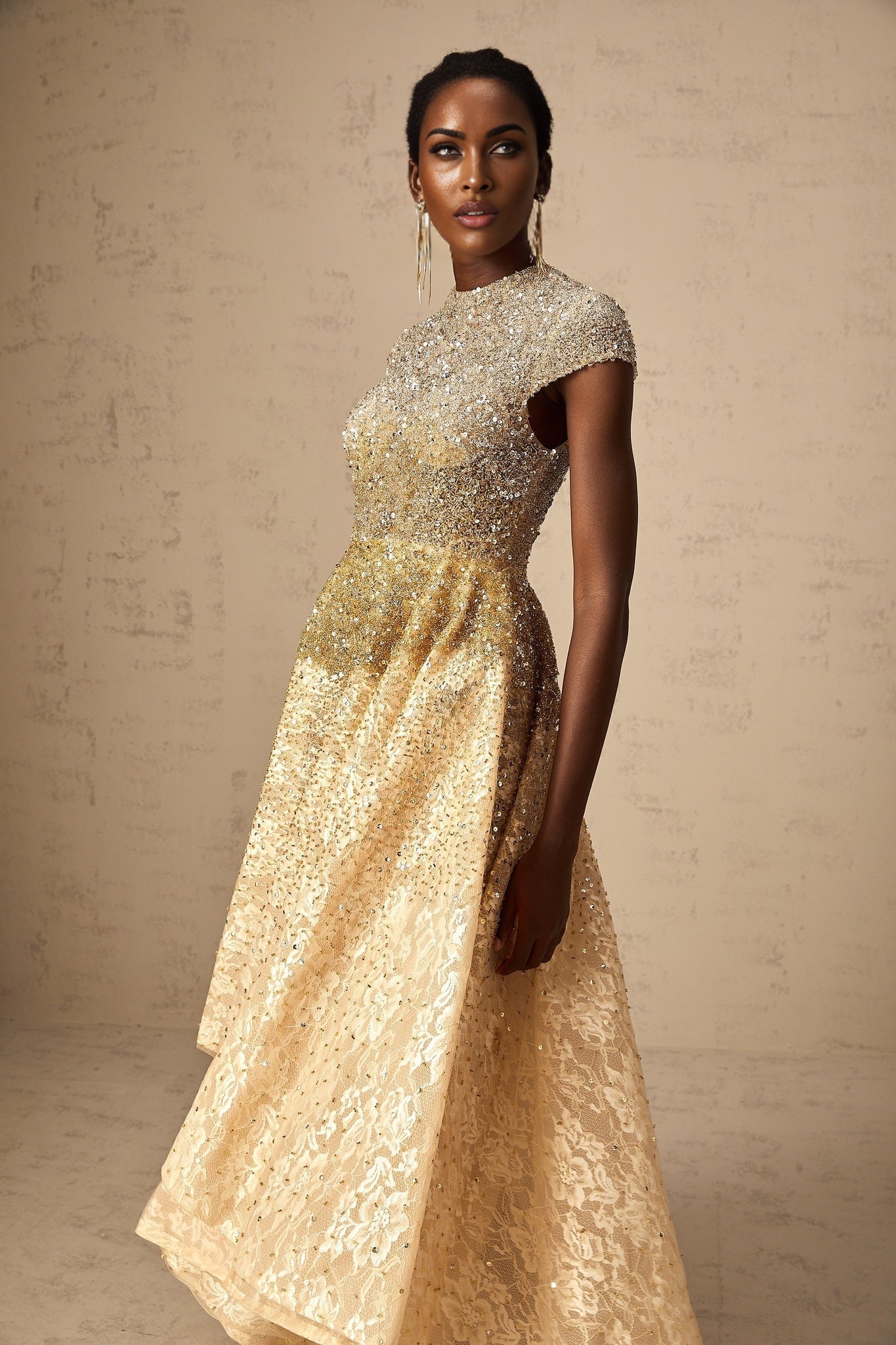 Clementina Lace Overlay Dress – High - Low Hem – Bead & Sequin Embellishment – Cap Sleeves – Flared Skirt