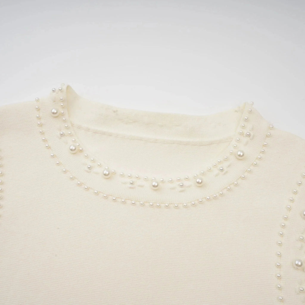 Clementina Maxi Dress White Faux - Pearl Embellished Pleated Scallop Hem