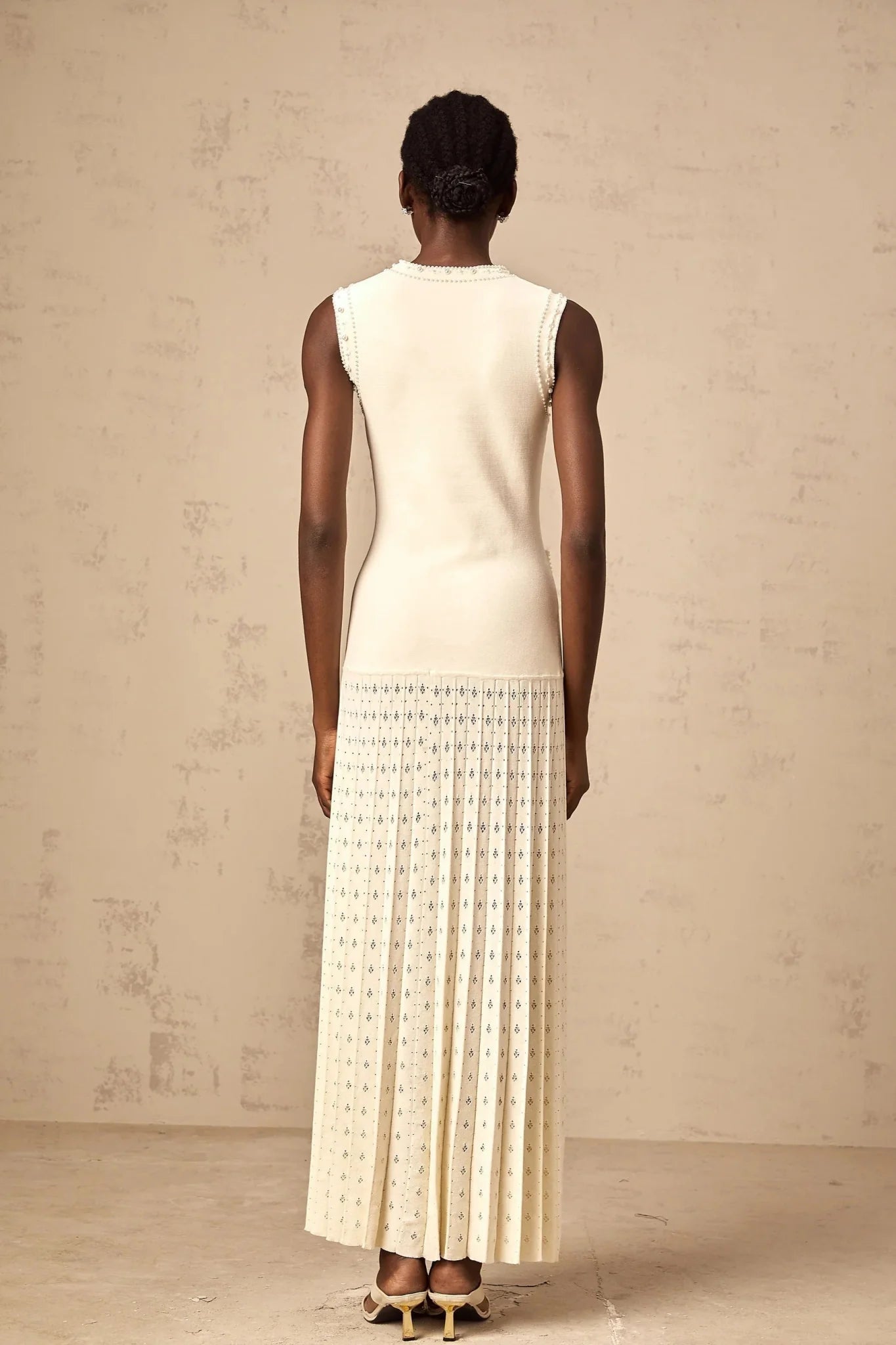Clementina Maxi Dress White Faux - Pearl Embellished Pleated Scallop Hem