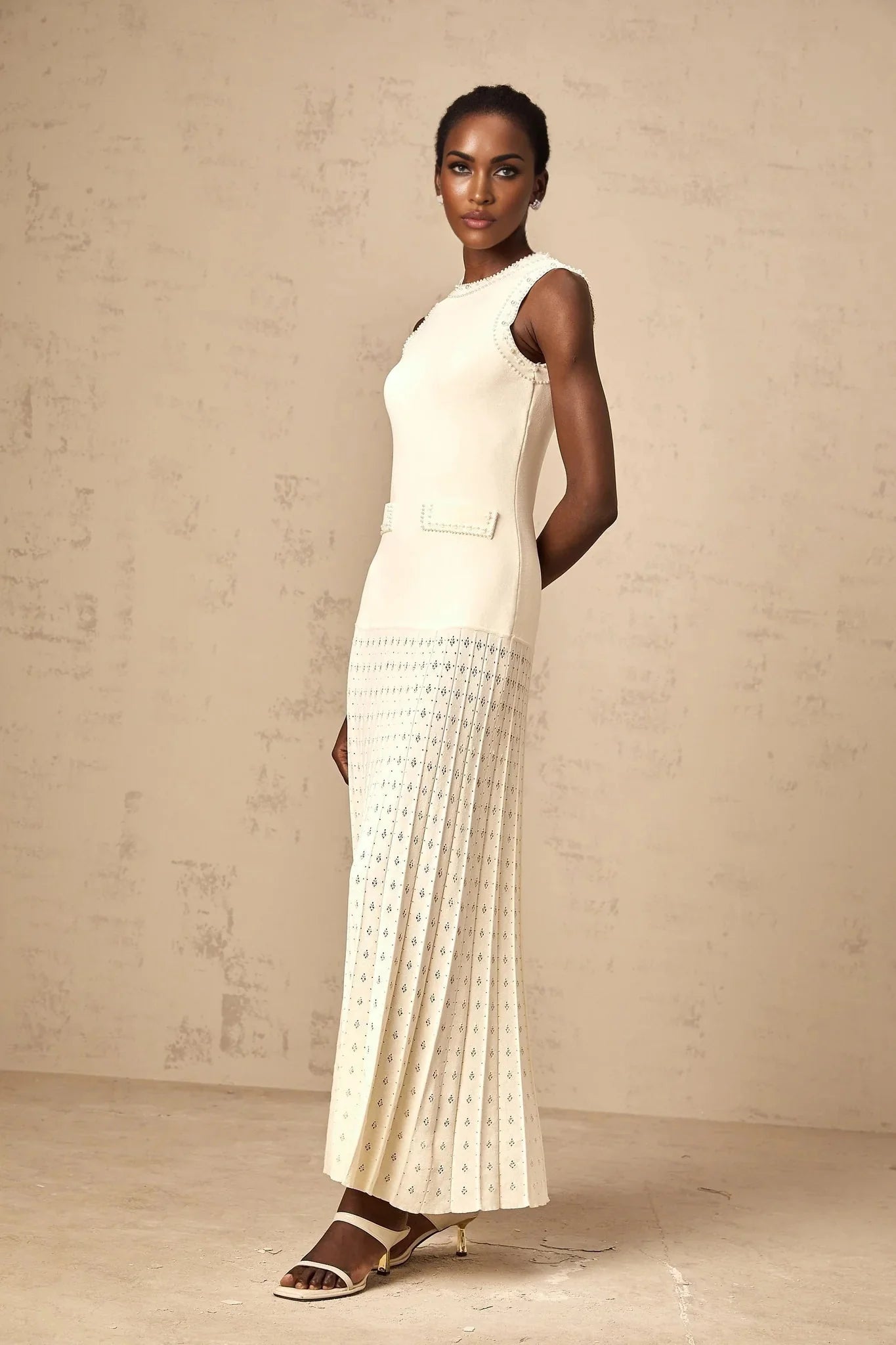 Clementina Maxi Dress White Faux - Pearl Embellished Pleated Scallop Hem