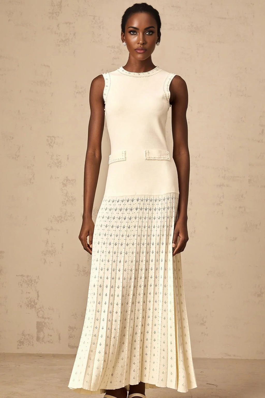 Clementina Maxi Dress White Faux - Pearl Embellished Pleated Scallop Hem