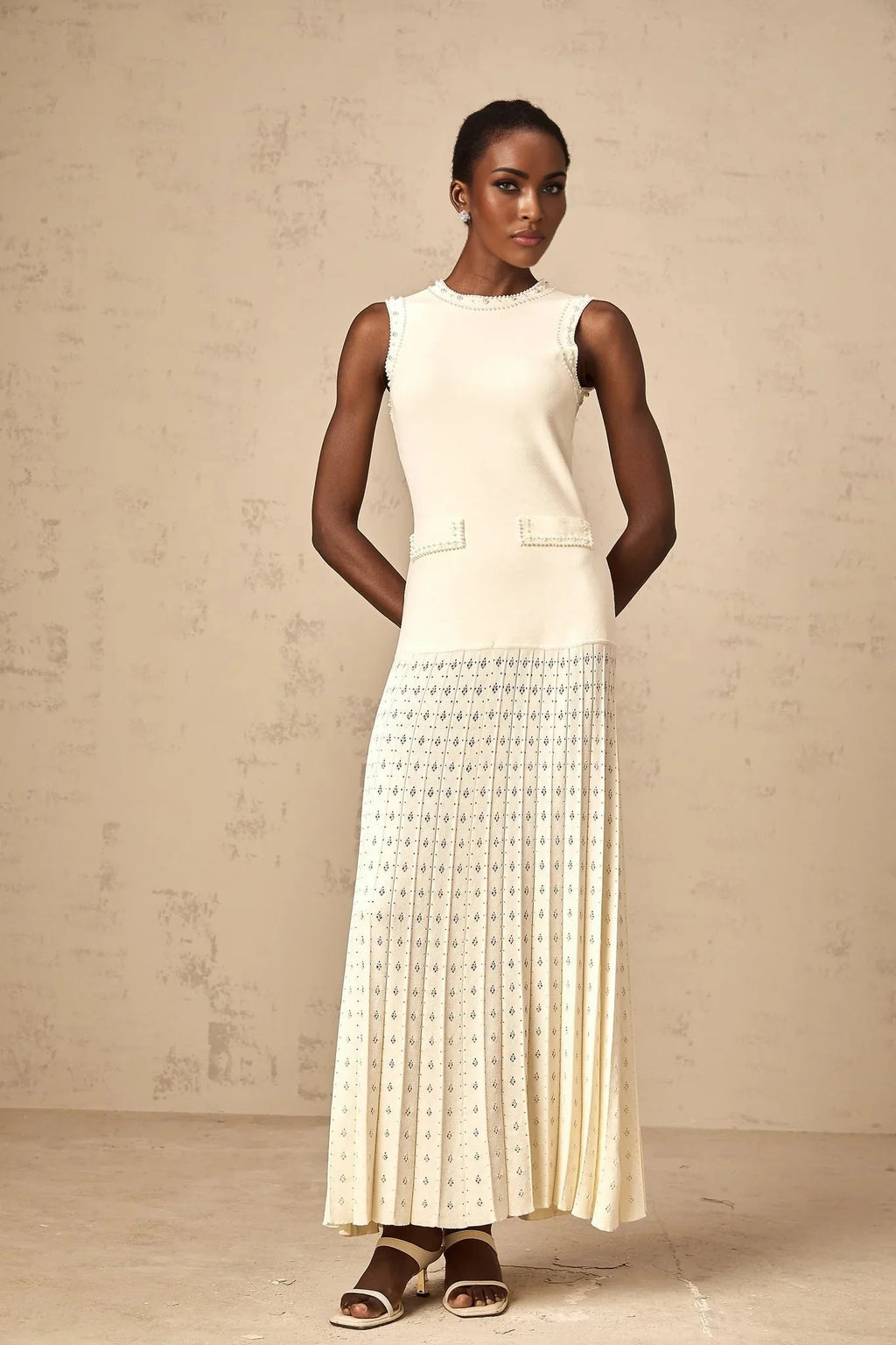 Clementina Maxi Dress White Faux - Pearl Embellished Pleated Scallop Hem