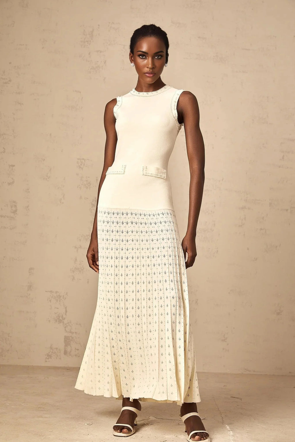 Clementina Maxi Dress White Faux - Pearl Embellished Pleated Scallop Hem