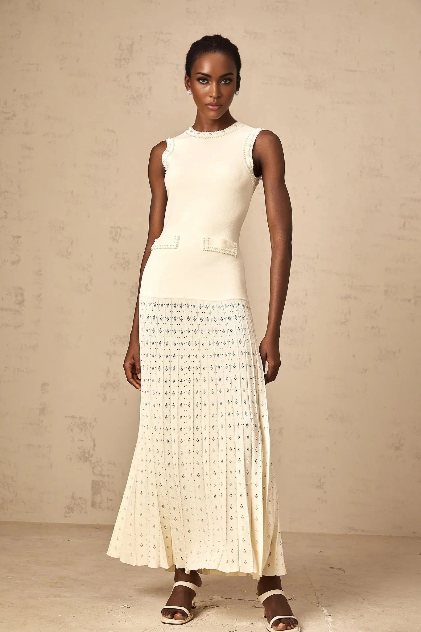 Clementina Maxi Dress White Faux - Pearl Embellished Pleated Scallop Hem