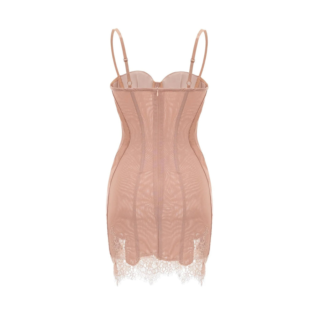 Clementina Mini Dress - Spaghetti Strap Bustier Style Waist Tightened Lace Hem