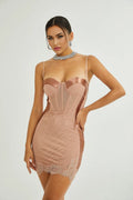 Clementina Mini Dress - Spaghetti Strap Bustier Style Waist Tightened Lace Hem