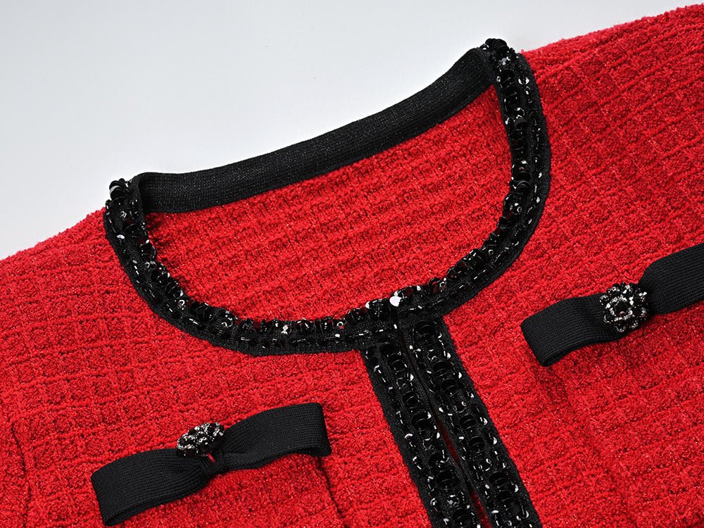 Colette Jacket & Skirt Set - Striking Knit - Tailored Fit - Accents - Decorative Bows - Flared Hem