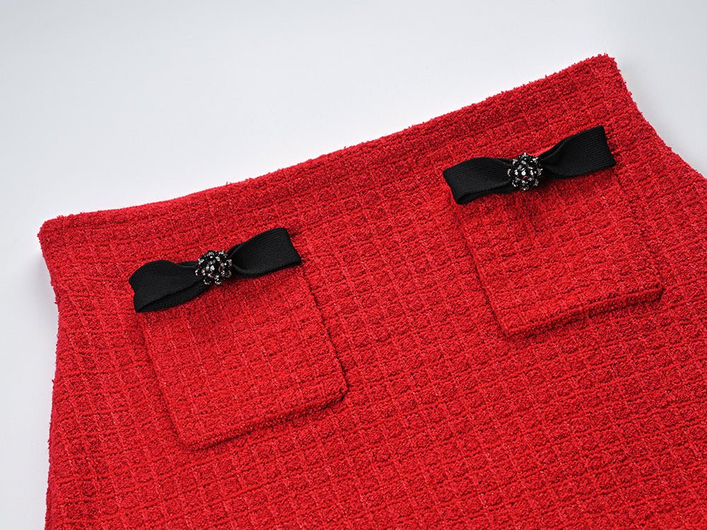Colette Jacket & Skirt Set - Striking Knit - Tailored Fit - Accents - Decorative Bows - Flared Hem