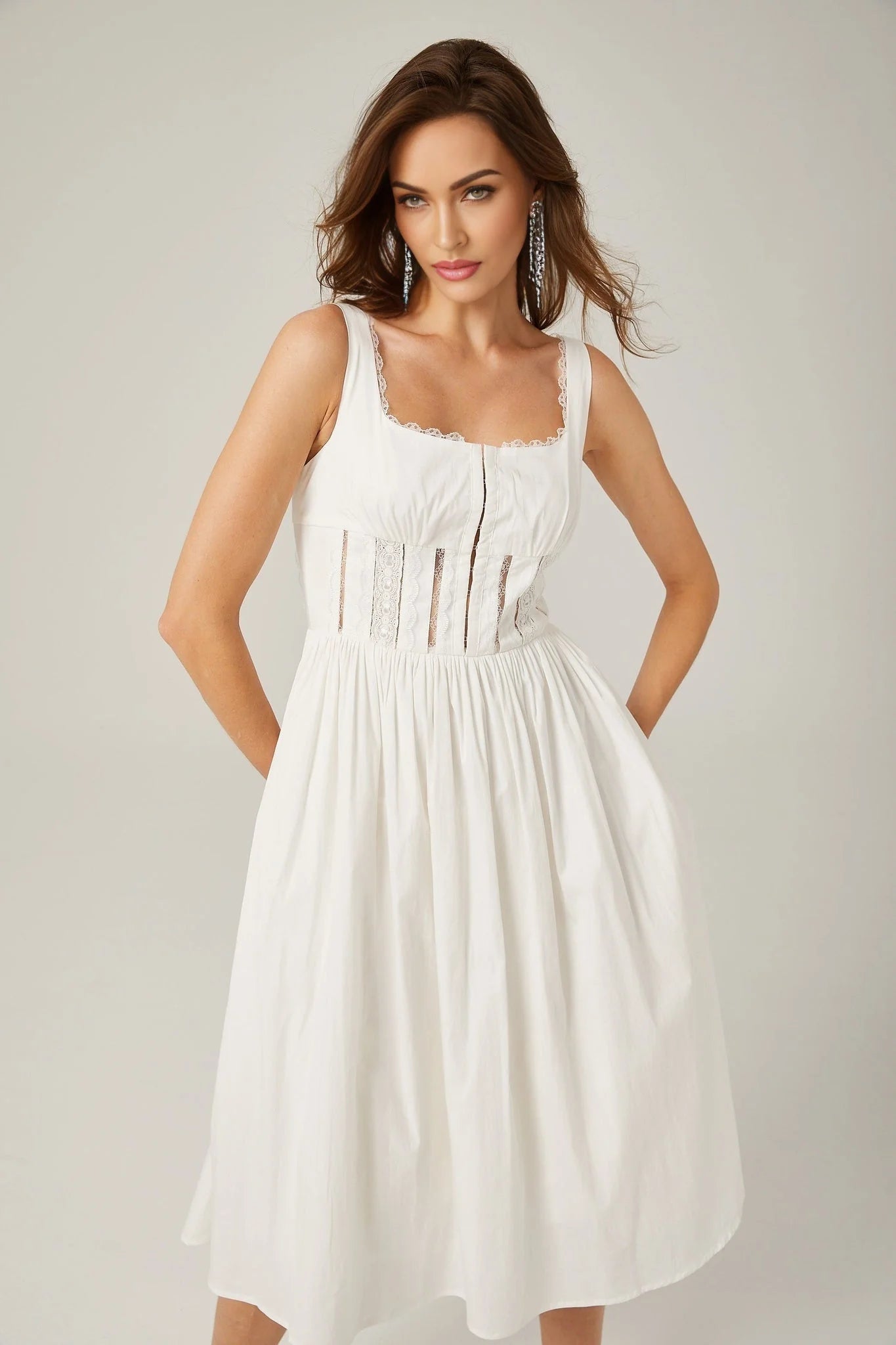 Colette Midi Dress - Sleeveless - Cut - Out Design - Wide Shoulder Straps - Lace Detailing