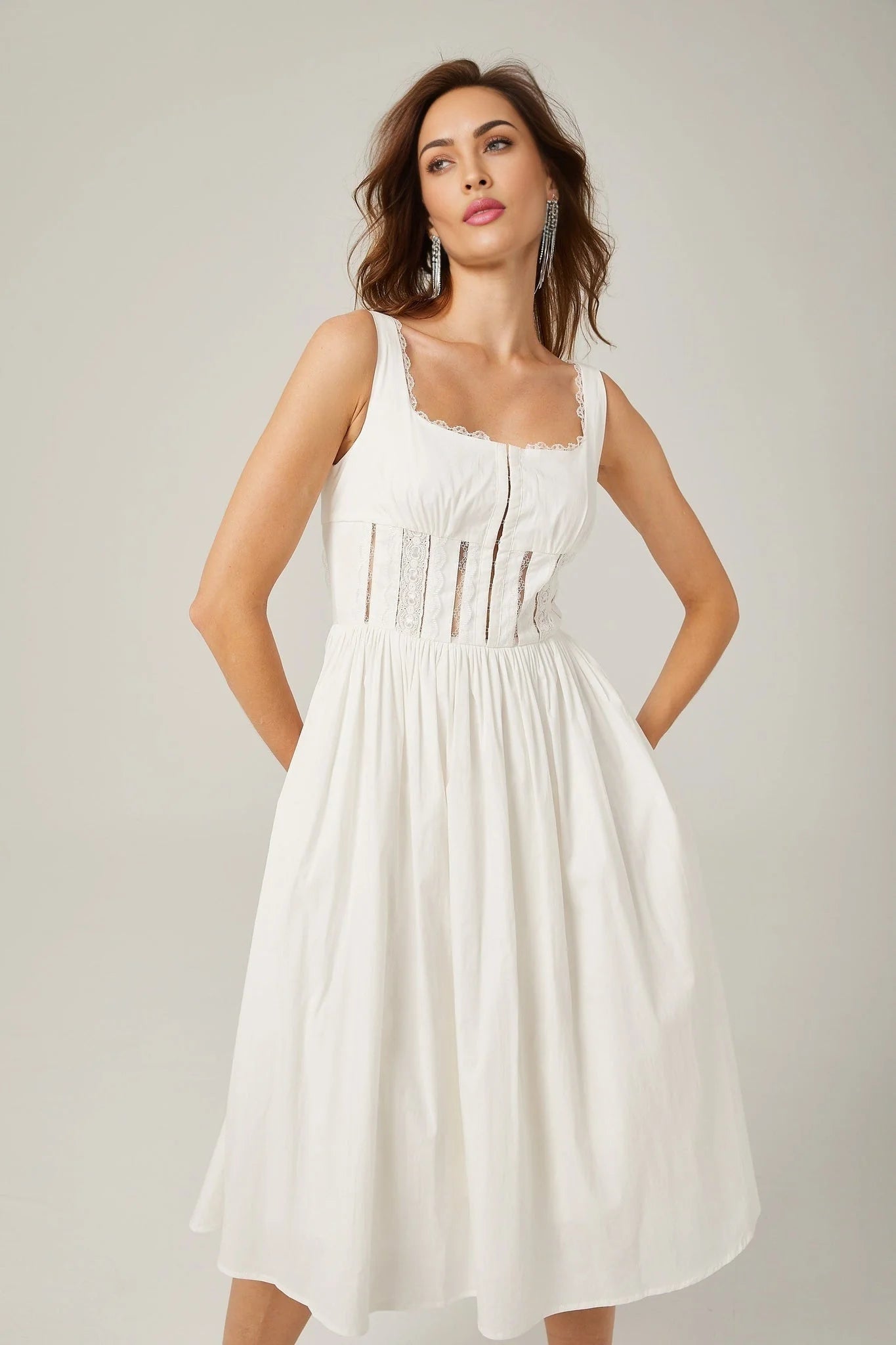 Colette Midi Dress - Sleeveless - Cut - Out Design - Wide Shoulder Straps - Lace Detailing