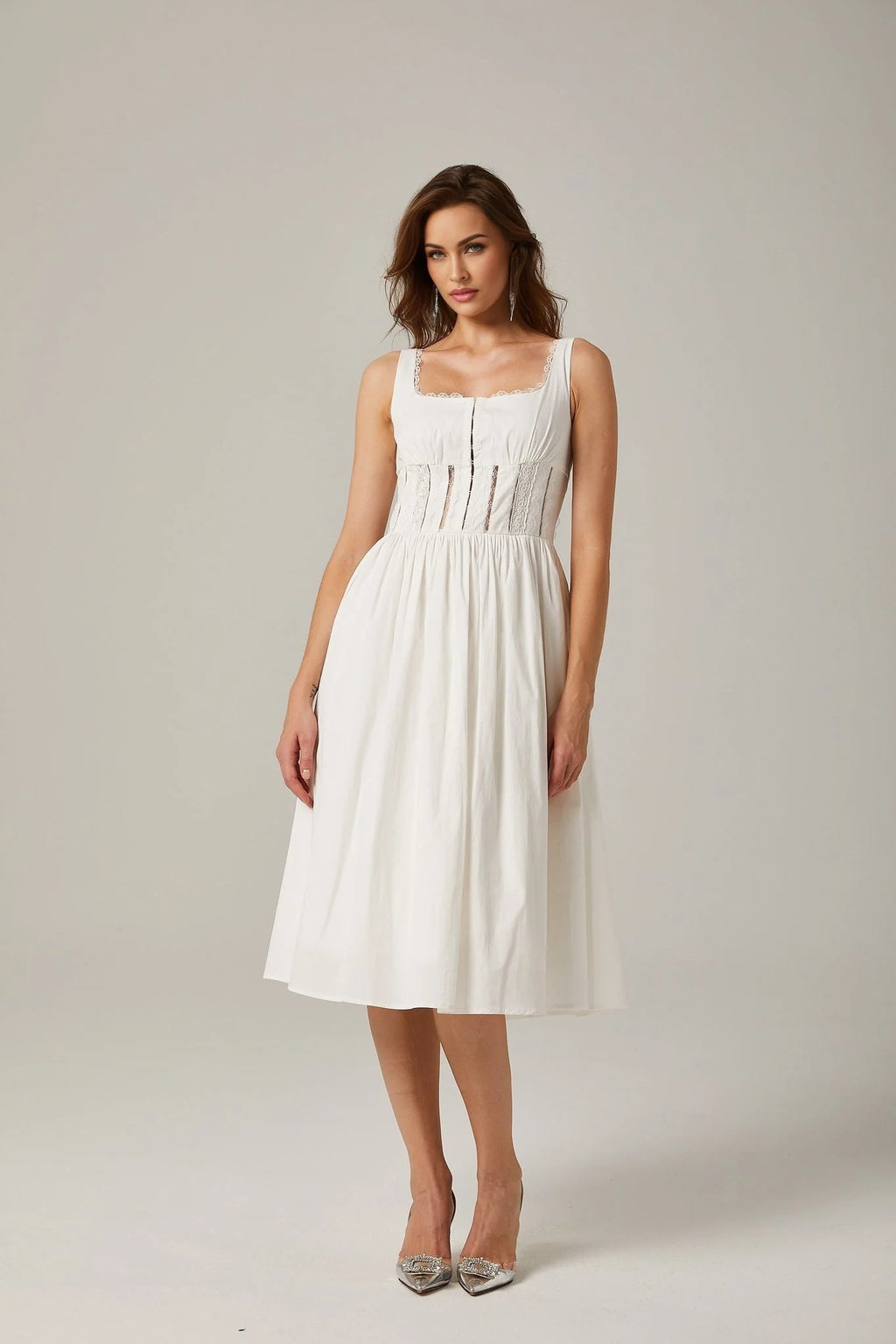 Colette Midi Dress - Sleeveless - Cut - Out Design - Wide Shoulder Straps - Lace Detailing