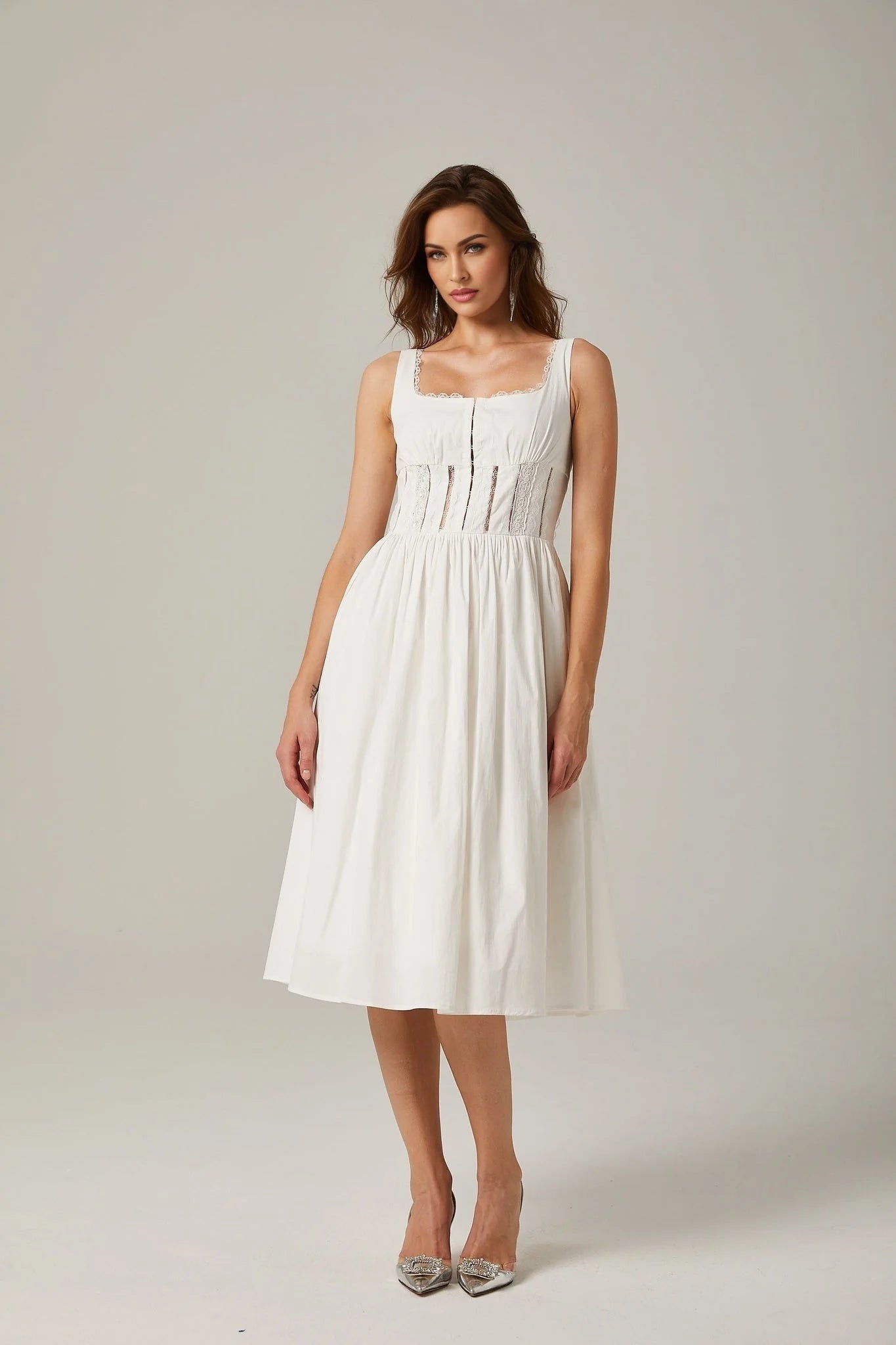 Colette Midi Dress - Sleeveless - Cut - Out Design - Wide Shoulder Straps - Lace Detailing