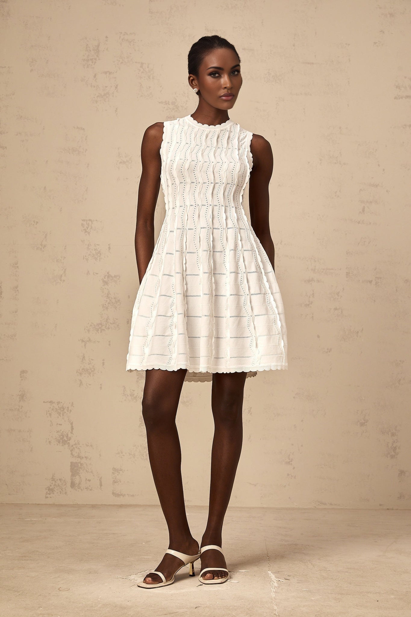 Colette Mini Dress - Knitted Construction - Ruffled Detailing - Scallop Hem - Flared Skirt - Slip - On Style