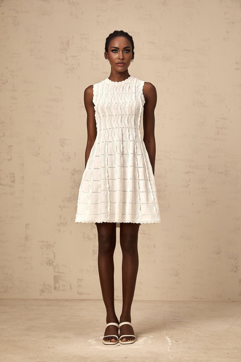 Colette Mini Dress - Knitted Construction - Ruffled Detailing - Scallop Hem - Flared Skirt - Slip - On Style