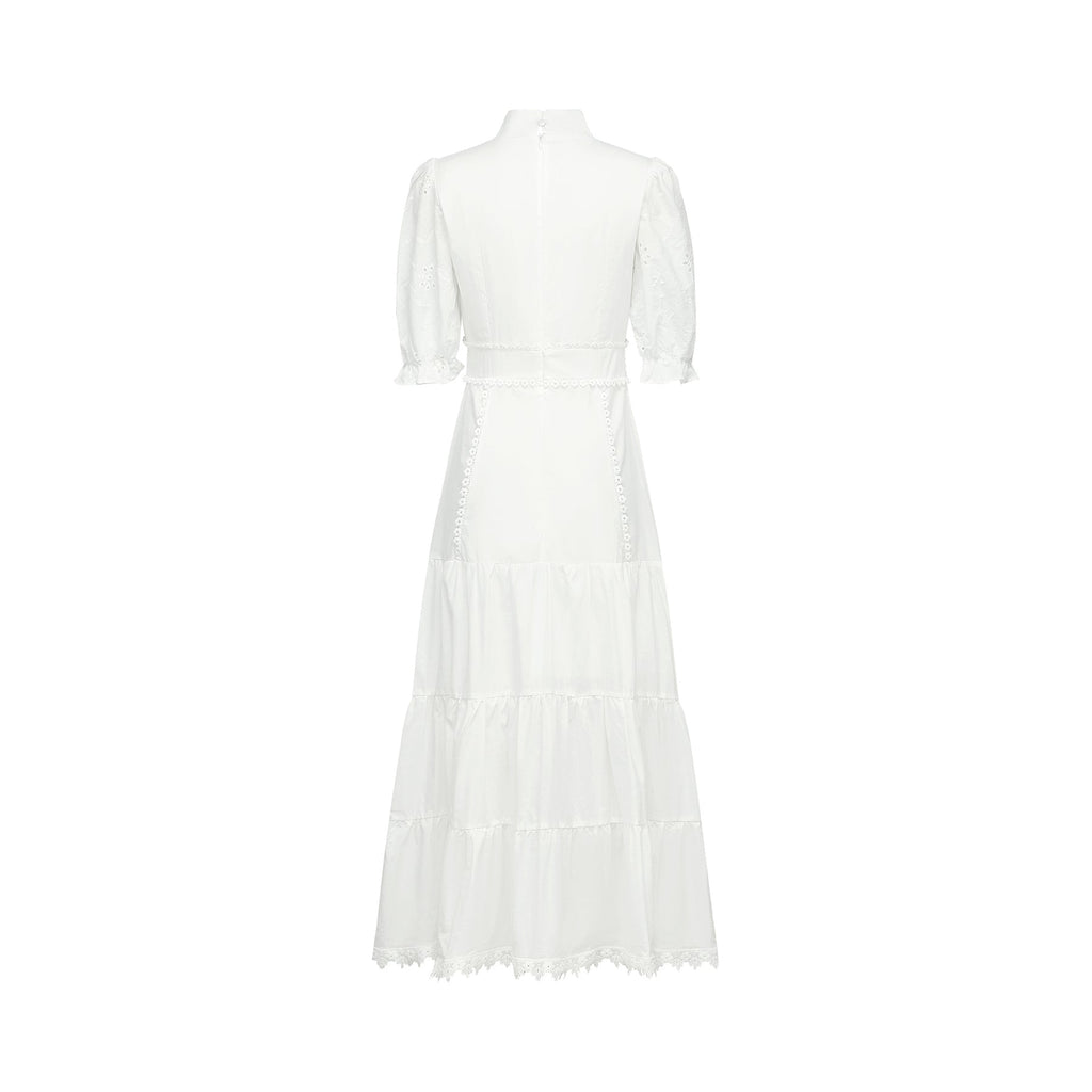 Coline Midi Dress - Soft Round Neckline - Short Puffed Sleeves - Floral Embroidery - Tiered Skirt - Semi - Sheer Style